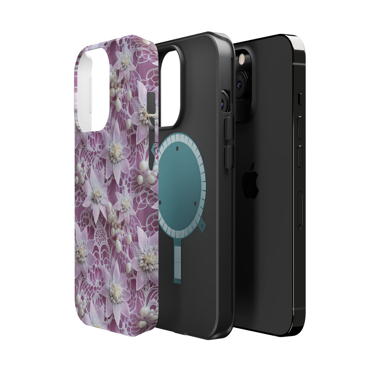 Coquette Clematis MagSafe Tough Cases for iPhone 13, iPhone 13 Mini, iPhone 13 Pro, and iPhone 13 Pro Max.