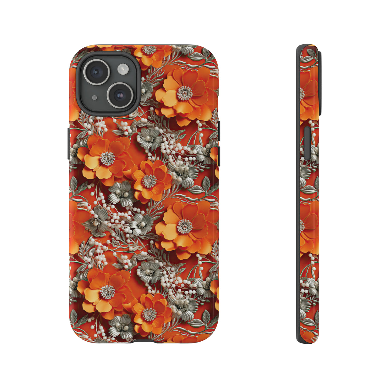 Orange Petals in Silver Tapestry Tough Case for iPhone 15, iPhone 15 Pro, iPhone 15 Plus, and iPhone 15 Pro Max