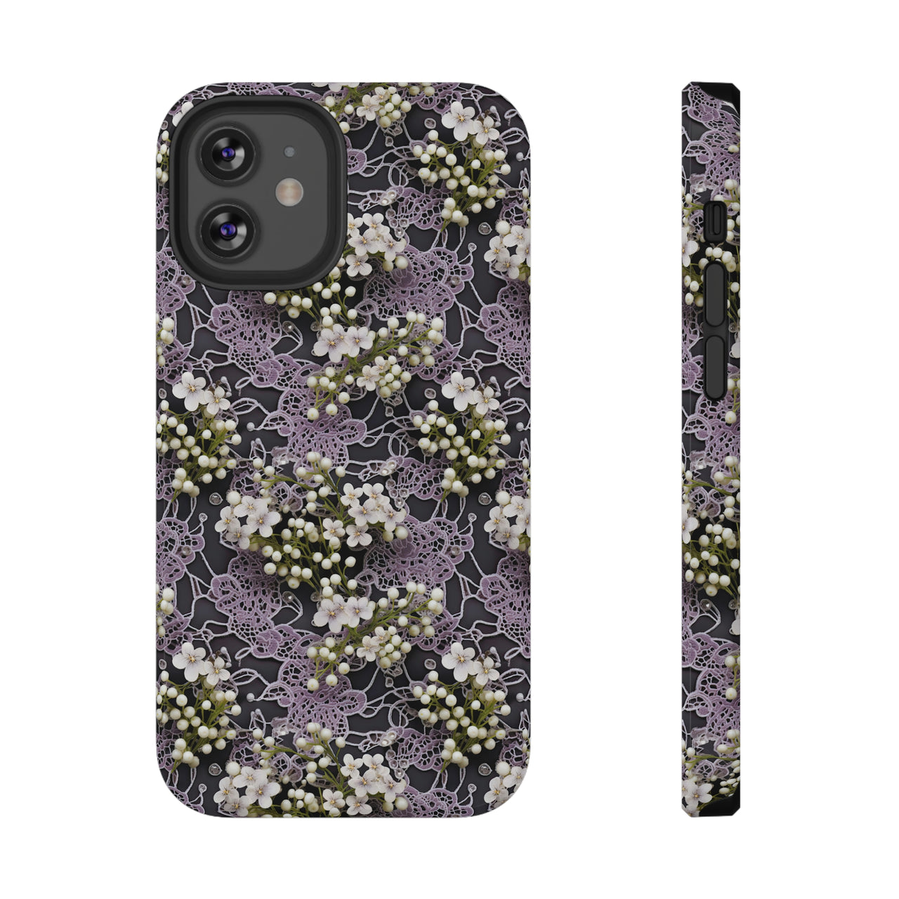 White Flowers on a Purple Bed - Impact-Resistant Case for iPhone 12, iPhone 12 Mini, iPhone 12 Pro, and iPhone 12 Pro Max. Supports Wireless Charging.