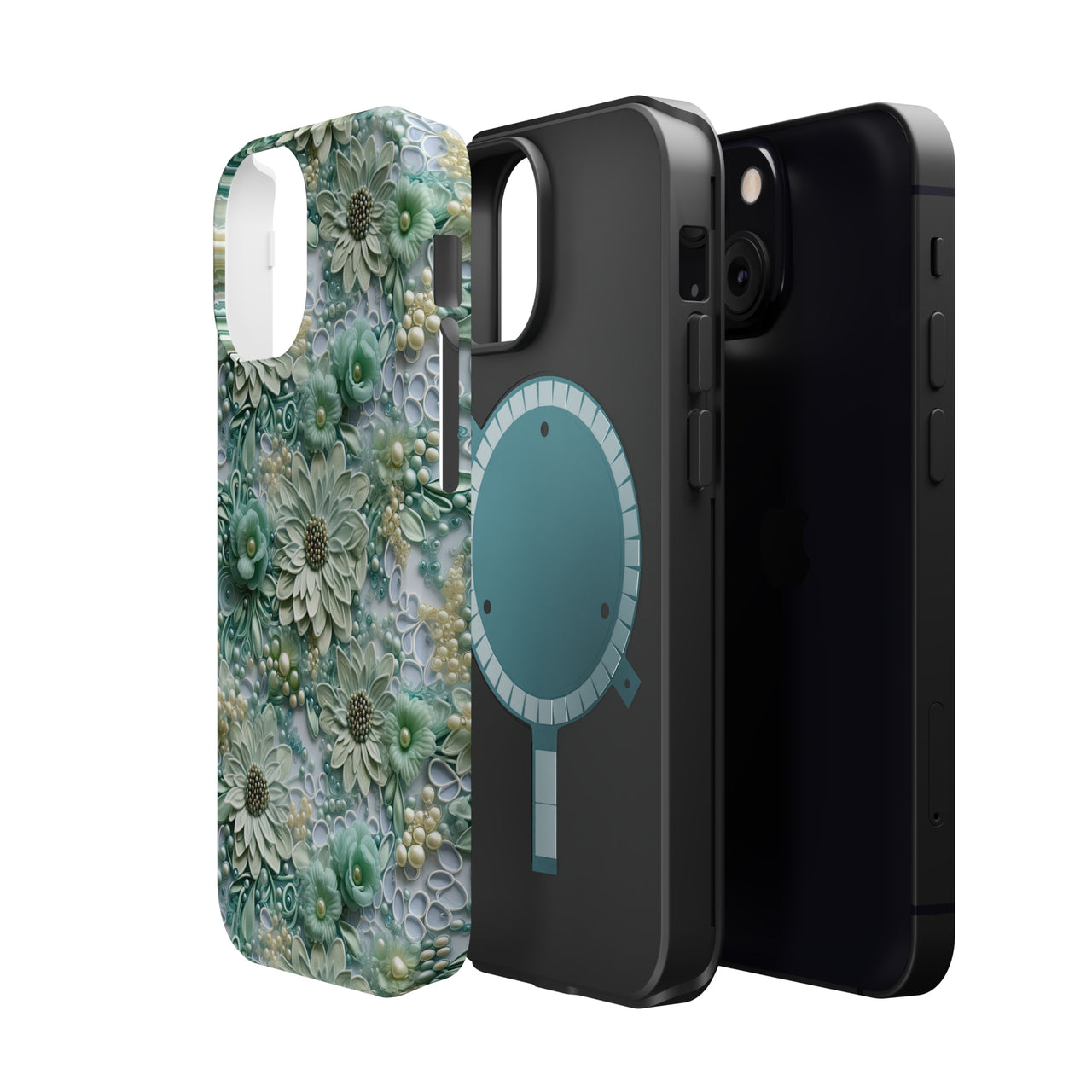 Teal Petals - MagSafe Tough Cases for iPhone 13, iPhone 13 Mini, iPhone 13 Pro, and iPhone 13 Pro Max.