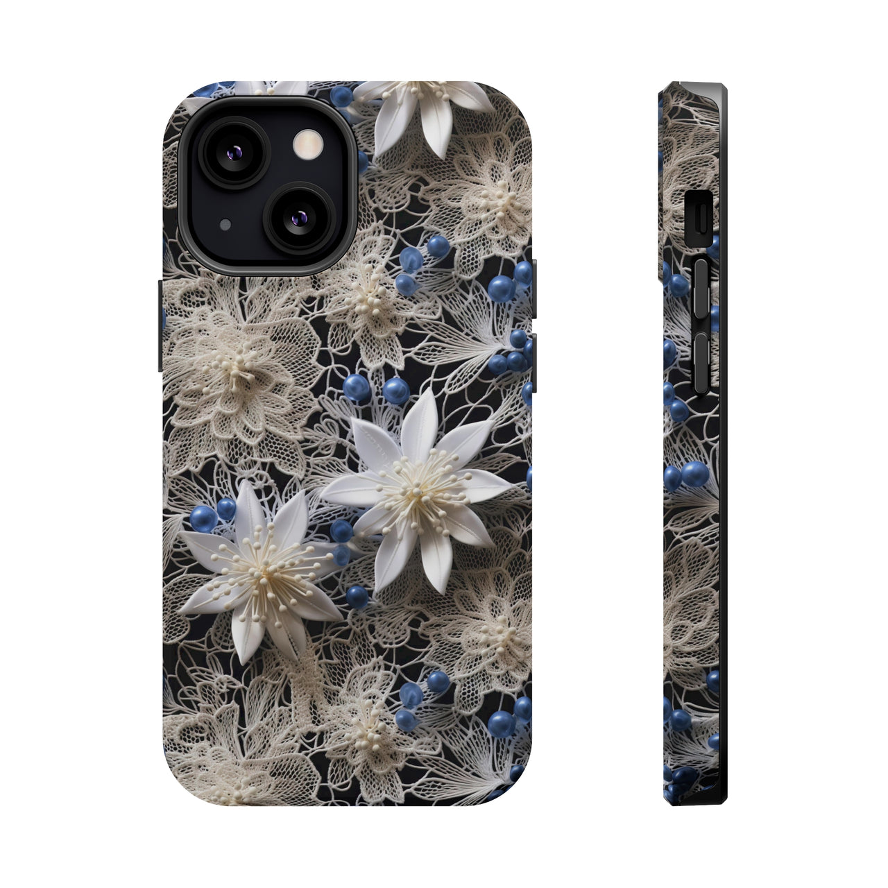 Vintage Lace and Clematis MagSafe Tough Cases for iPhone 13, iPhone 13 Mini, iPhone 13 Pro, and iPhone 13 Pro Max.