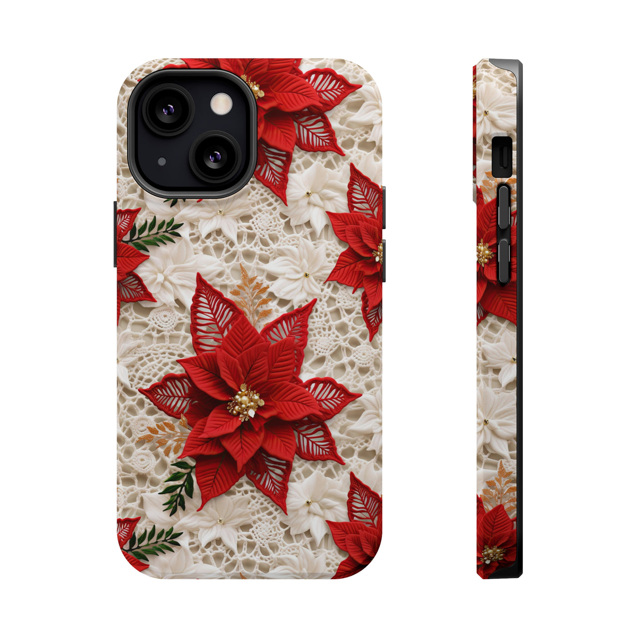 Christmas Poinsettia MagSafe Tough Cases for iPhone 13, iPhone 13 Mini, iPhone 13 Pro, and iPhone 13 Pro Max.