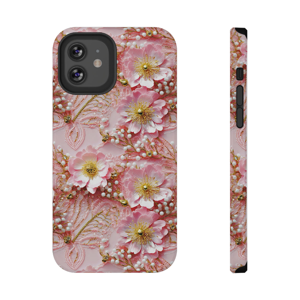 Gold-Kissed Flowers on Pink Lace - Impact-Resistant Case for iPhone 12, iPhone 12 Mini, iPhone 12 Pro, and iPhone 12 Pro Max. Supports Wireless Charging.