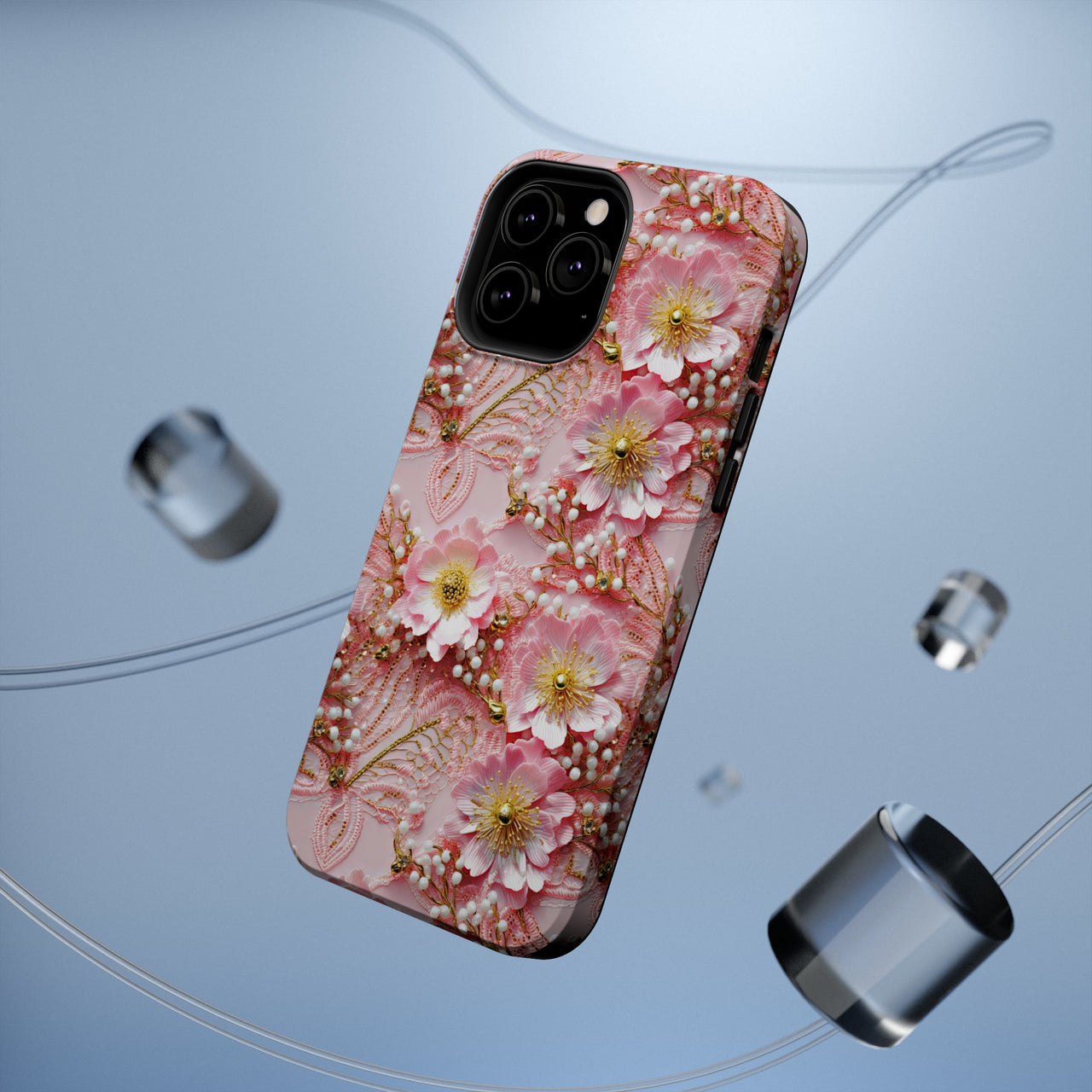 Gold-Kissed Flowers on Pink Lace - MagSafe Tough Cases for iPhone 13, iPhone 13 Mini, iPhone 13 Pro, and iPhone 13 Pro Max.