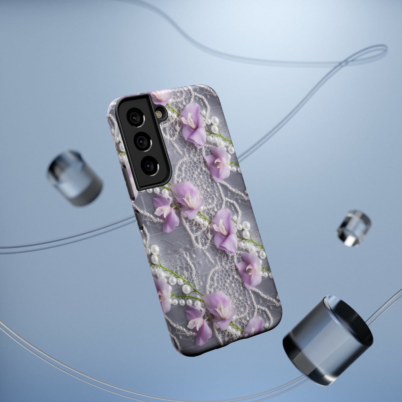 Purple Sweet Pea Impact-Resistant Cases for Samsung Galaxy S22, Samsung Galaxy S22 Plus, and Samsung Galaxy S22 Ultra. Supports Wireless Charging.