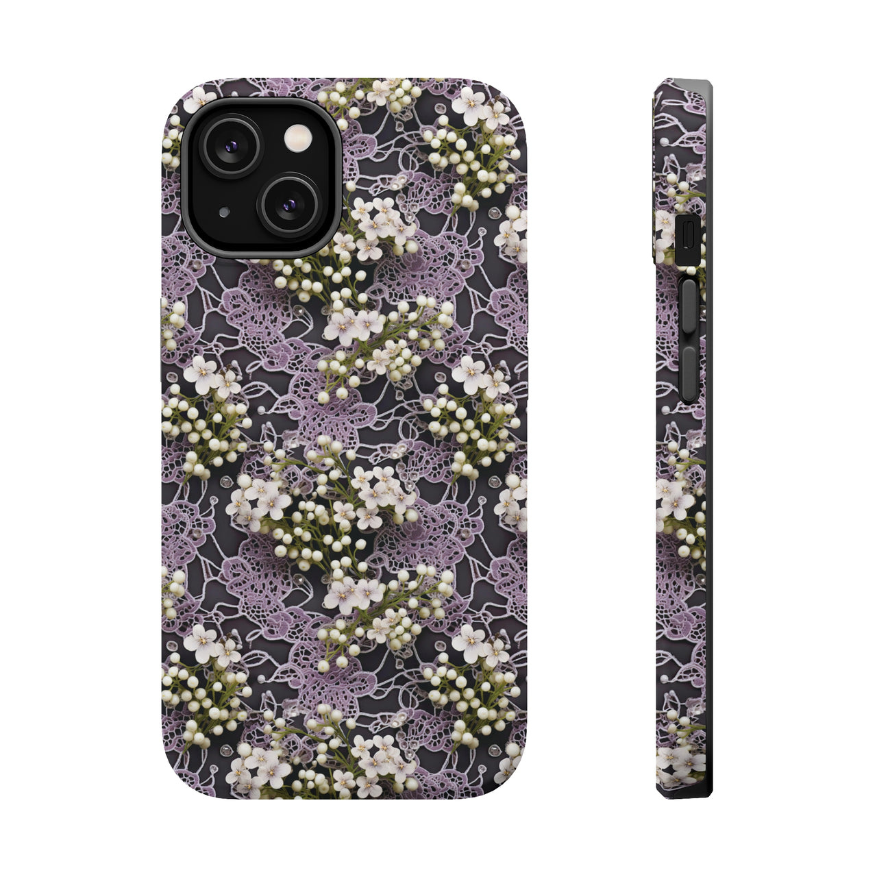 White Flowers on a Purple Bed - MagSafe Tough Cases for iPhone 14, iPhone 14 Pro, iPhone 14 Plus, and iPhone 14 Pro Max