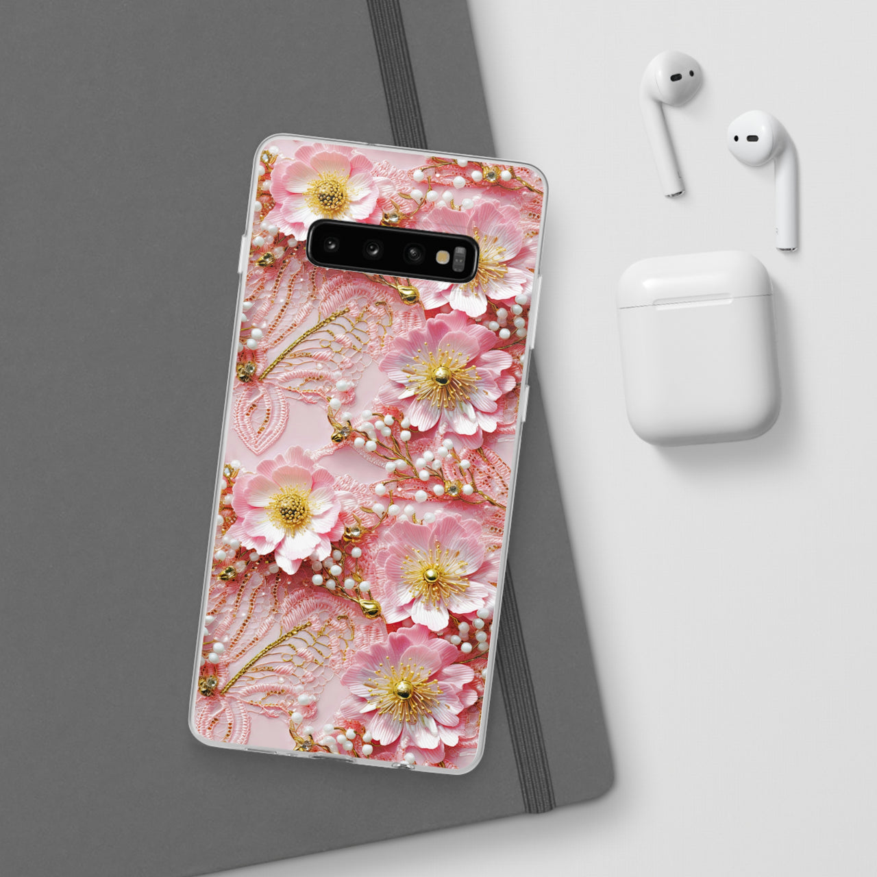 Gold-Kissed Flowers on Pink Lace - Flexi Cases for Samsung Galaxy S10, Samsung Galaxy S10E, & Samsung Galaxy S10 Plus