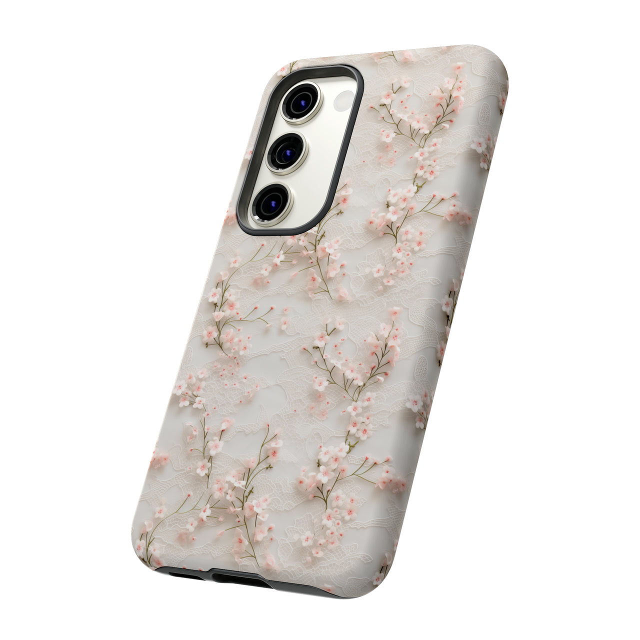 White Lace and Cherry Blossoms Tough Cases for Samsung Galaxy S23, Samsung Galaxy S23 Plus, and Samsung Galaxy S23 Ultra