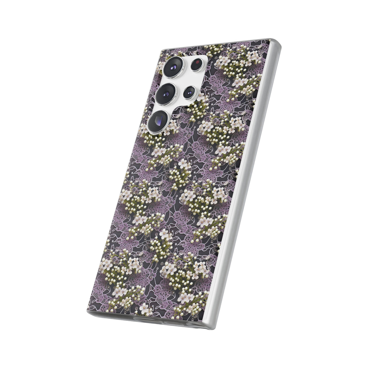 White Flowers on a Purple Bed - Flexi Cases for Samsung Galaxy S23, Samsung Galaxy S23 Plus, and Samsung Galaxy S23 Ultra