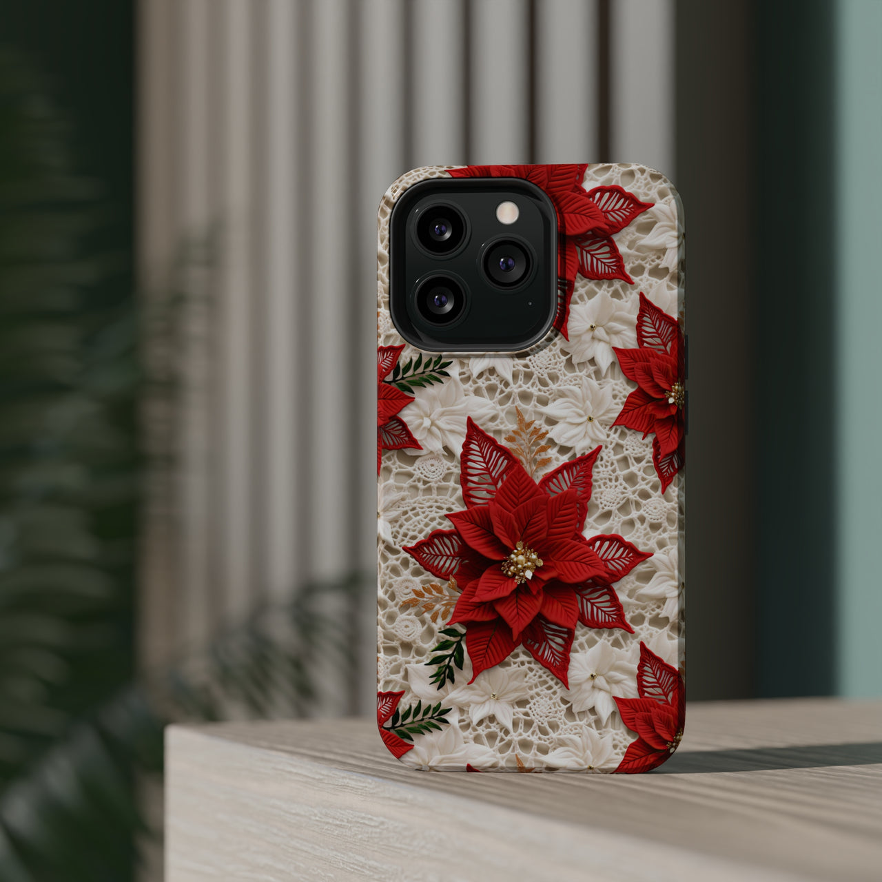 Christmas Poinsettia MagSafe Tough Cases for iPhone 13, iPhone 13 Mini, iPhone 13 Pro, and iPhone 13 Pro Max.