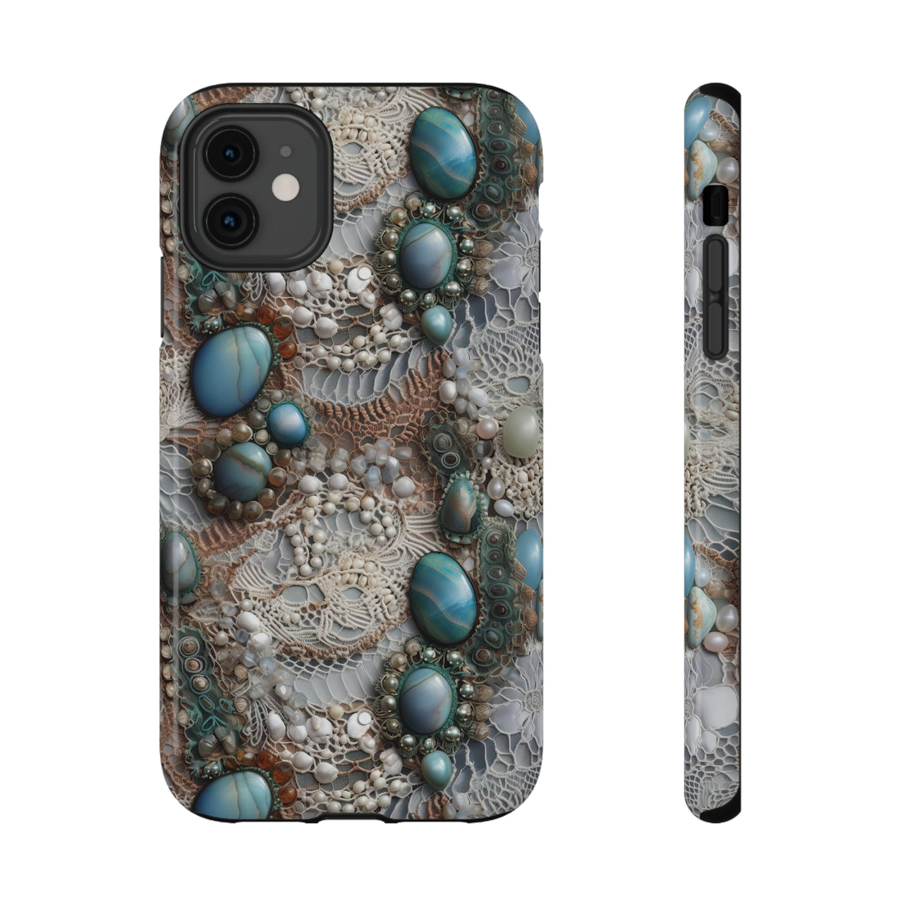 Boho Agate and Lace Impact-Resistant Cases for iPhone 11, iPhone 11 Pro, and iPhone 11 Pro Max. Supports Wireless Charging.