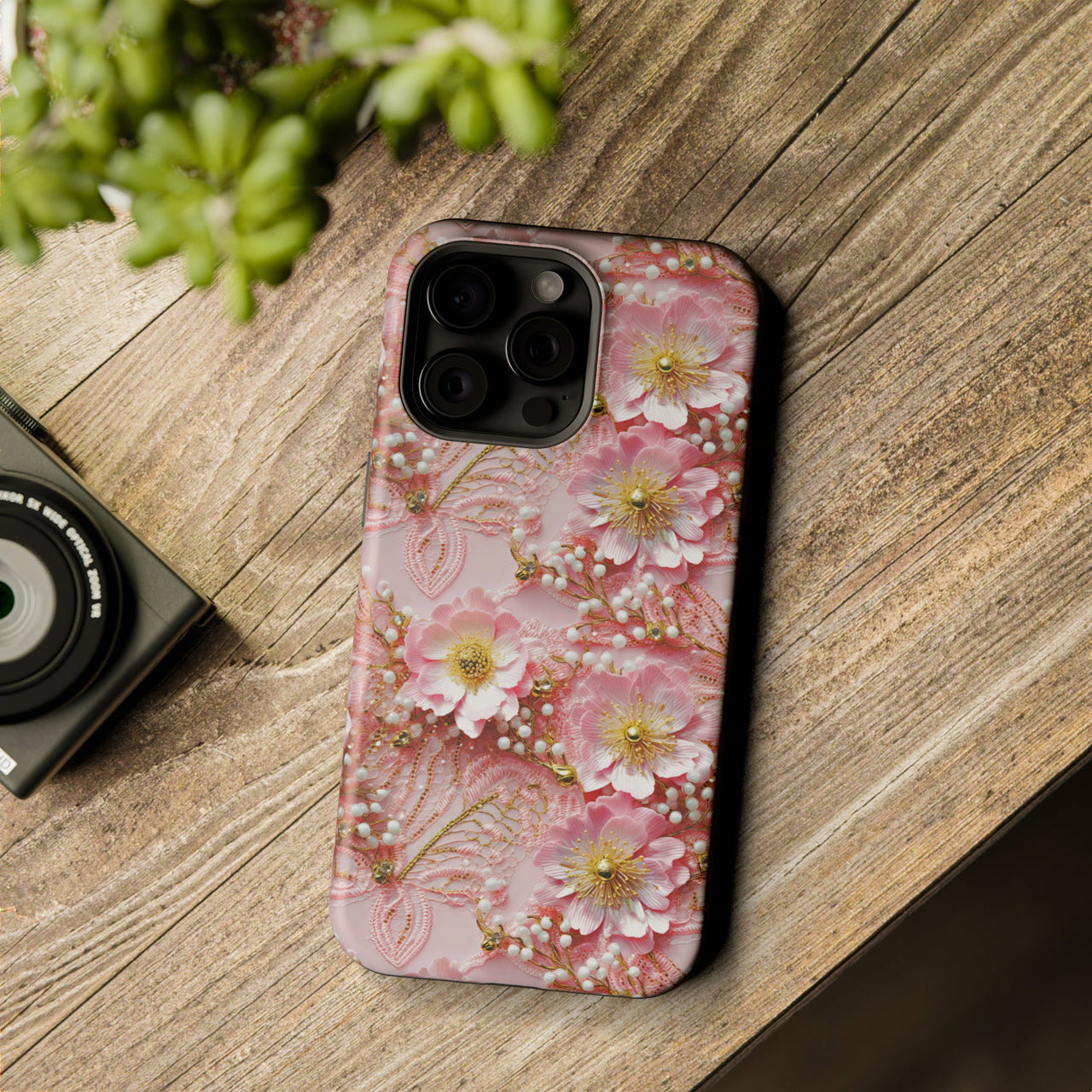 Gold-Kissed Flowers on Pink Lace - MagSafe Tough Case for iPhone 15, iPhone 15 Pro, iPhone 15 Plus, & iPhone 15 Pro Max