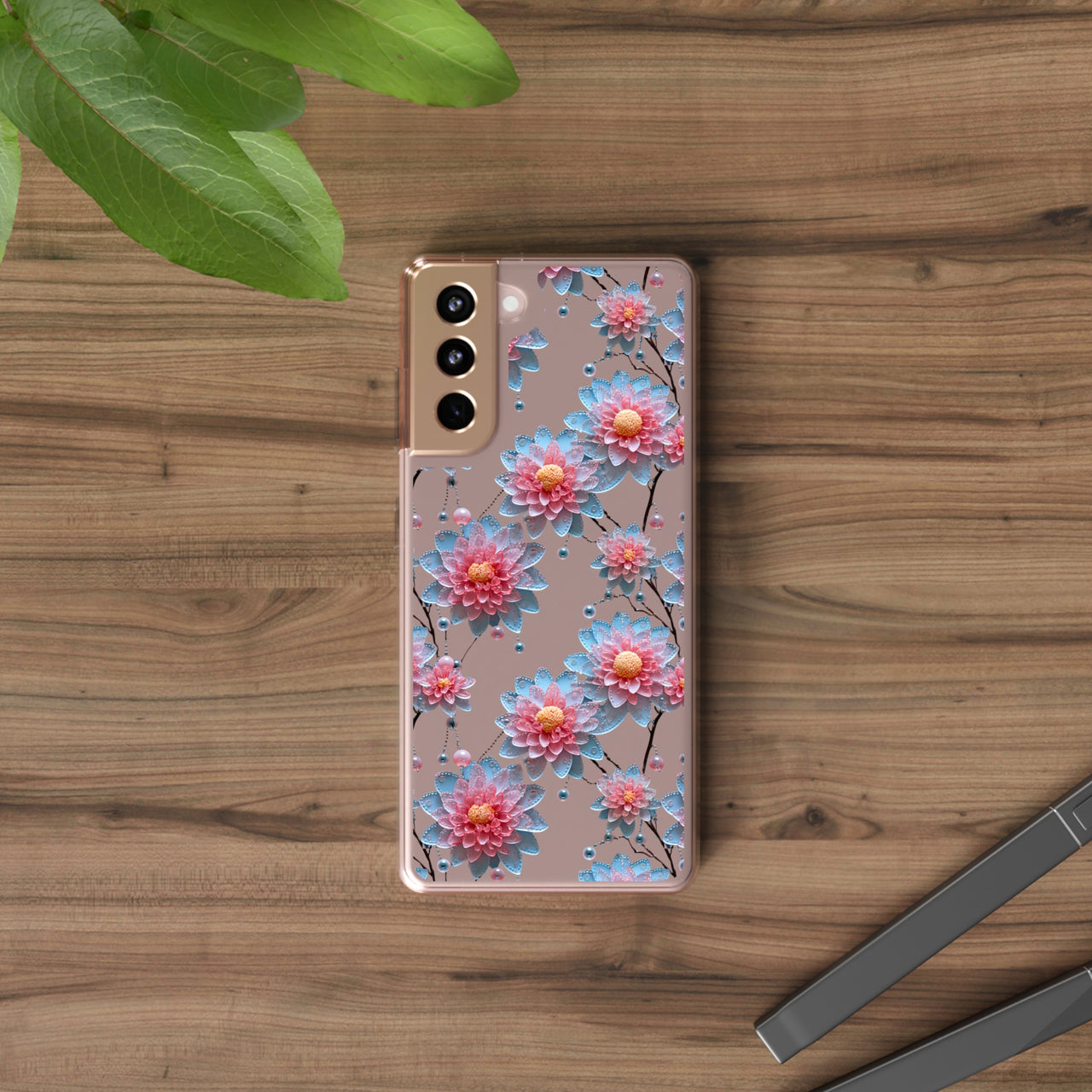 *Clear Case* Pink and Blue Glass Flowers - Samsung Galaxy S21, Samsung Galaxy S21 Plus, Samsung Galaxy S21 Ultra - Supports Wireless Charging