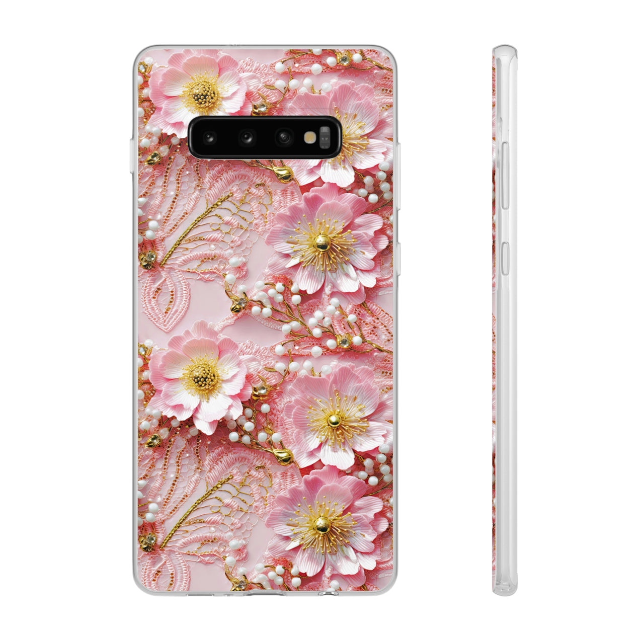 Gold-Kissed Flowers on Pink Lace - Flexi Cases for Samsung Galaxy S10, Samsung Galaxy S10E, & Samsung Galaxy S10 Plus