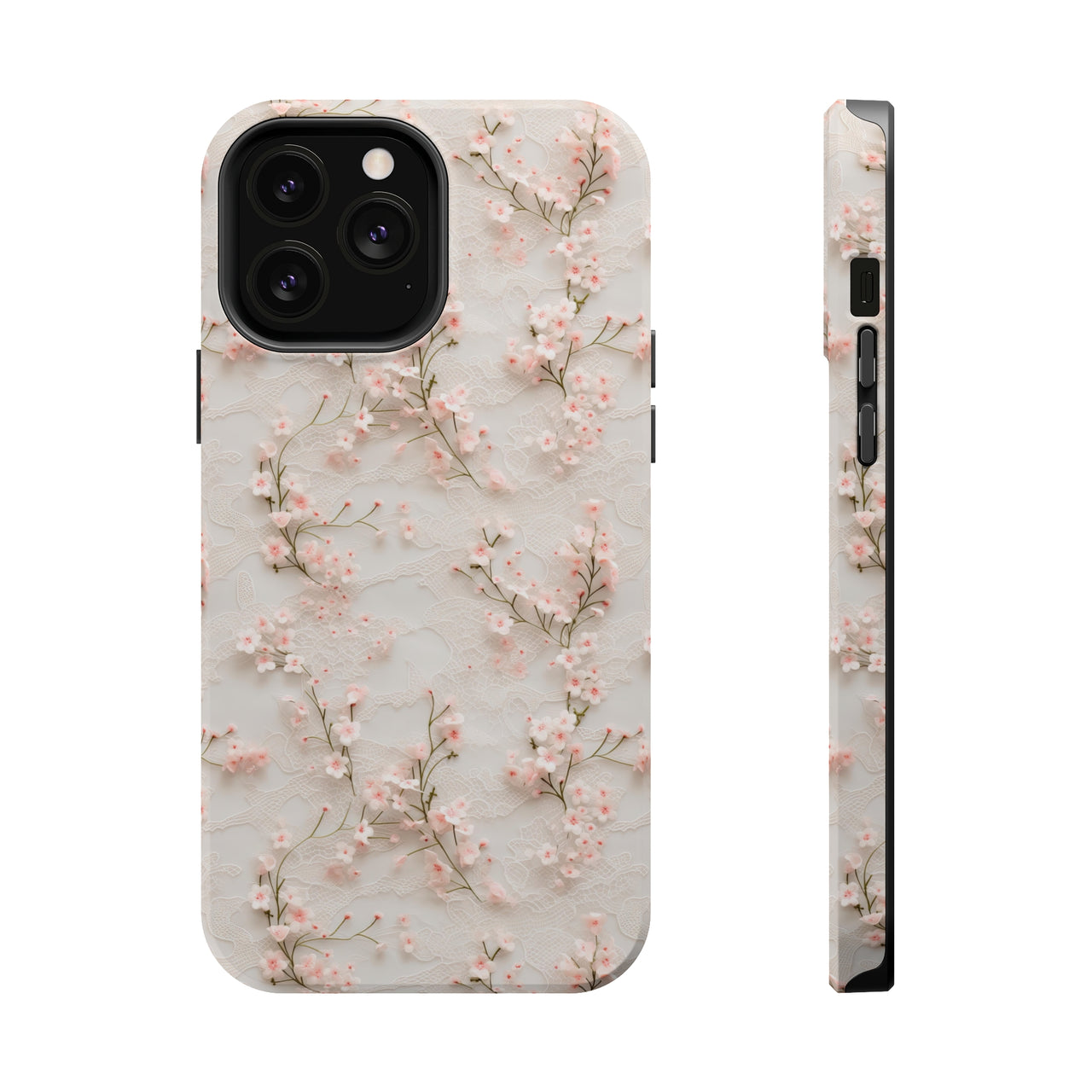 White Lace and Cherry Blossoms MagSafe Tough Cases for iPhone 13, iPhone 13 Mini, iPhone 13 Pro, and iPhone 13 Pro Max.