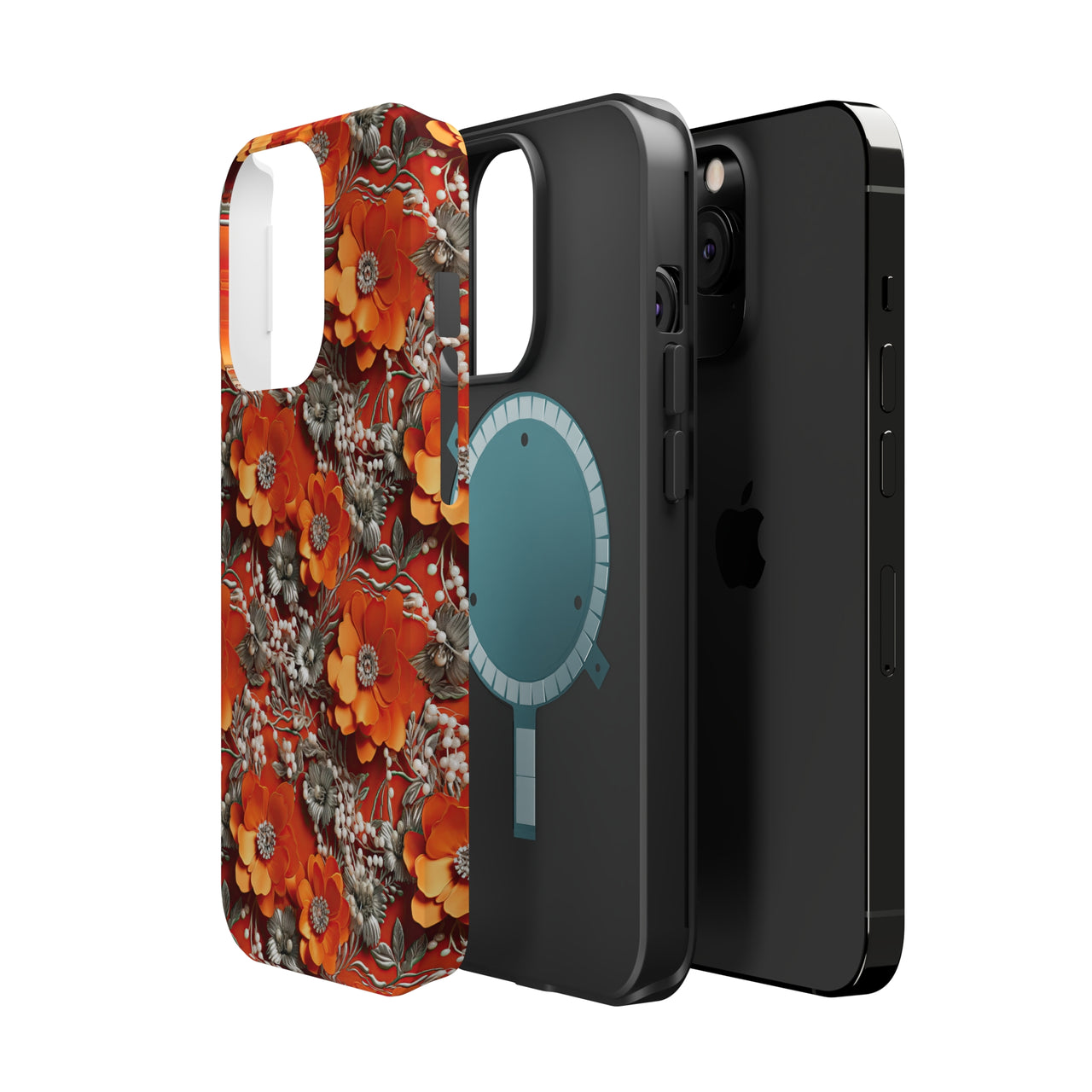 Orange Petals in Silver Tapestry MagSafe Tough Cases for iPhone 13, iPhone 13 Mini, iPhone 13 Pro, and iPhone 13 Pro Max.