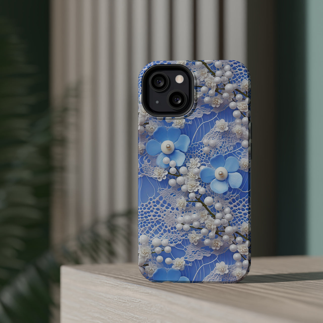 Pearls and Lace on Baby Blue - MagSafe Tough Cases for iPhone 13, iPhone 13 Mini, iPhone 13 Pro, and iPhone 13 Pro Max.