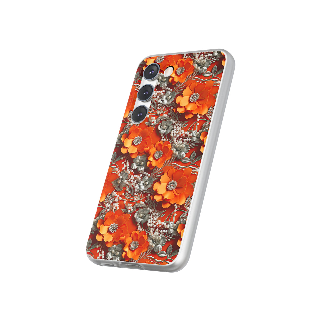 Orange Petals in Silver Tapestry - Flexi Cases for Samsung Galaxy S23, Samsung Galaxy S23 Plus, and Samsung Galaxy S23 Ultra