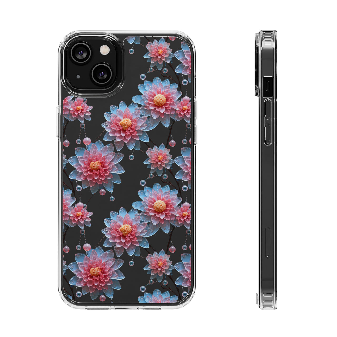 *Clear Case* Pink and Blue Glass Flowers - iPhone 14, iPhone 14 Pro, iPhone 14 Plus, iPhone 14 Pro Max - Supports Wireless Charging