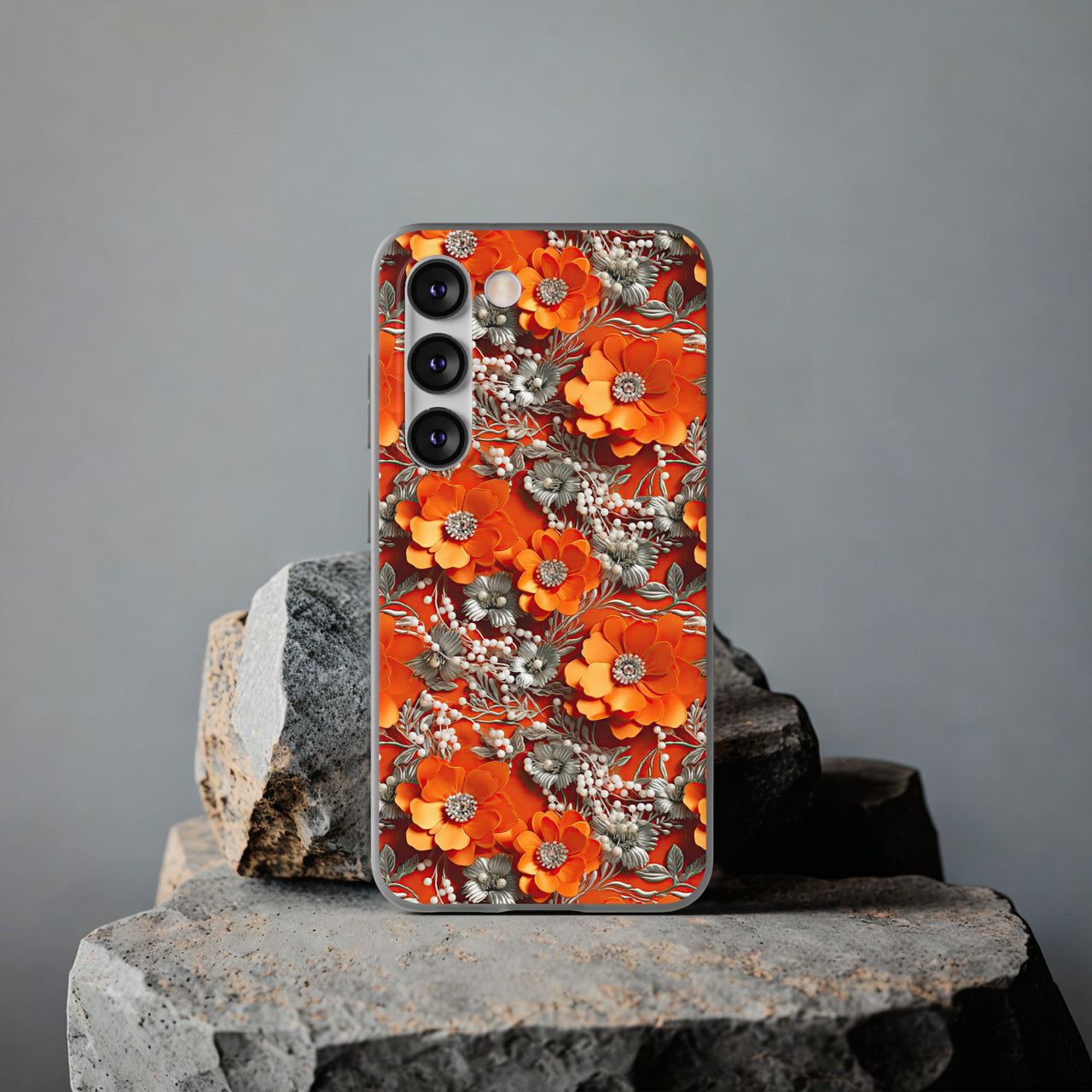 Orange Petals in Silver Tapestry - Flexi Cases for Samsung Galaxy S23, Samsung Galaxy S23 Plus, and Samsung Galaxy S23 Ultra