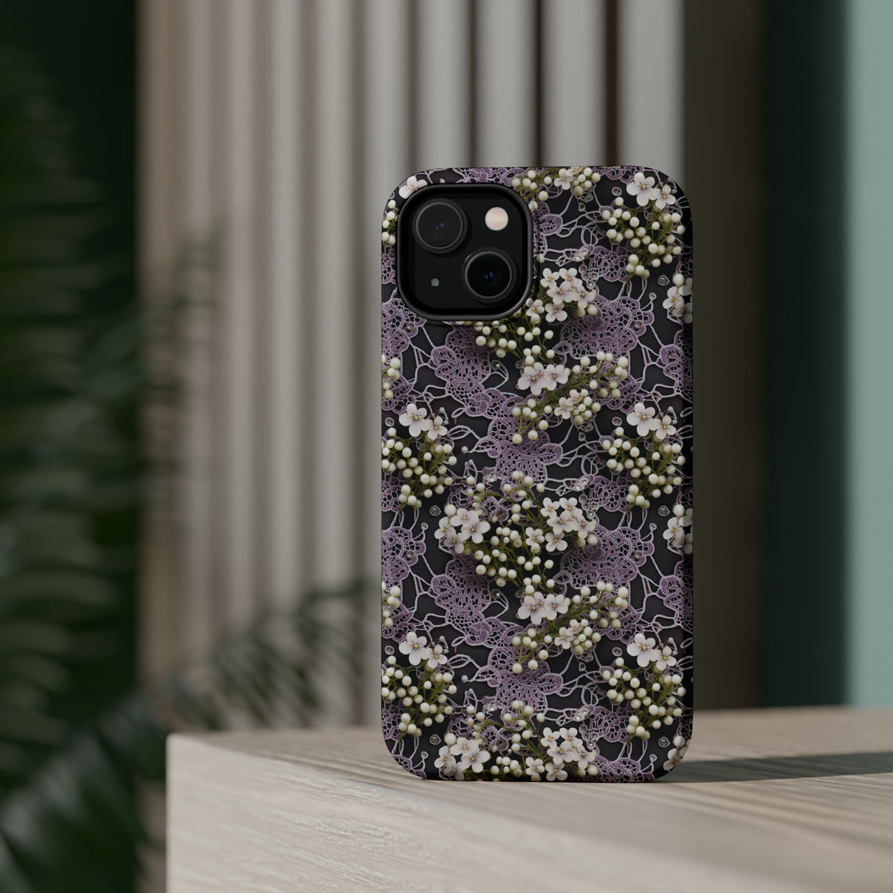 White Flowers on a Purple Bed - MagSafe Tough Cases for iPhone 14, iPhone 14 Pro, iPhone 14 Plus, and iPhone 14 Pro Max