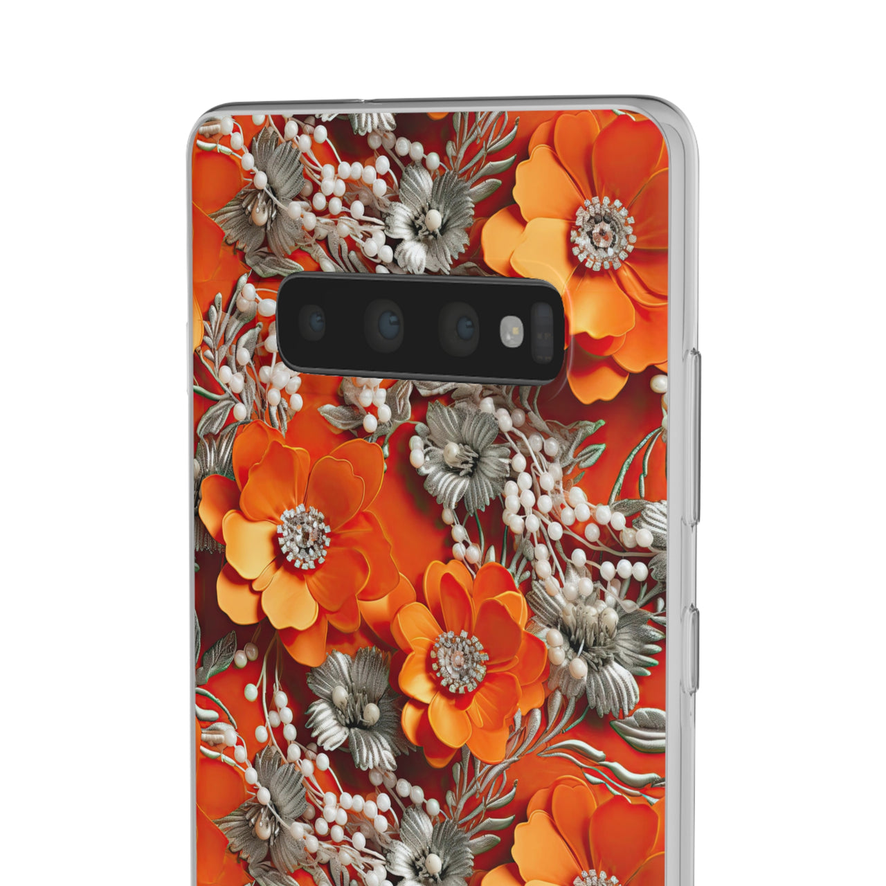 Orange Petals in Silver Tapestry - Flexi Cases for Samsung Galaxy S10, Samsung Galaxy S10E, & Samsung Galaxy S10 Plus