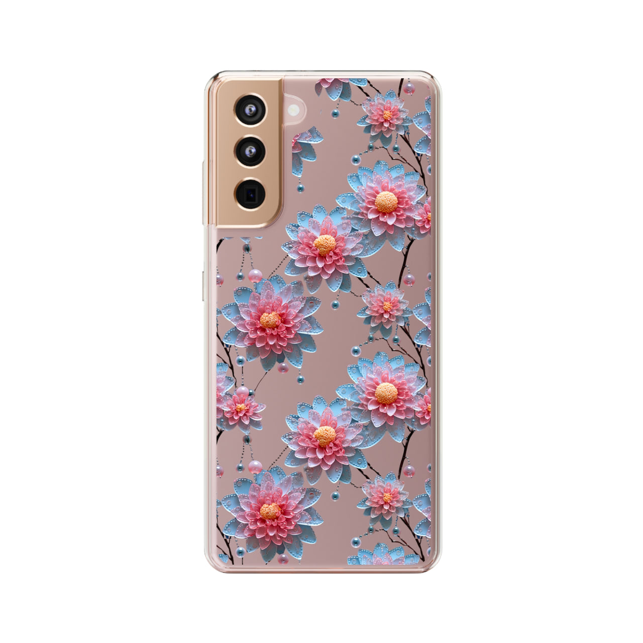 *Clear Case* Pink and Blue Glass Flowers - Samsung Galaxy S21, Samsung Galaxy S21 Plus, Samsung Galaxy S21 Ultra - Supports Wireless Charging