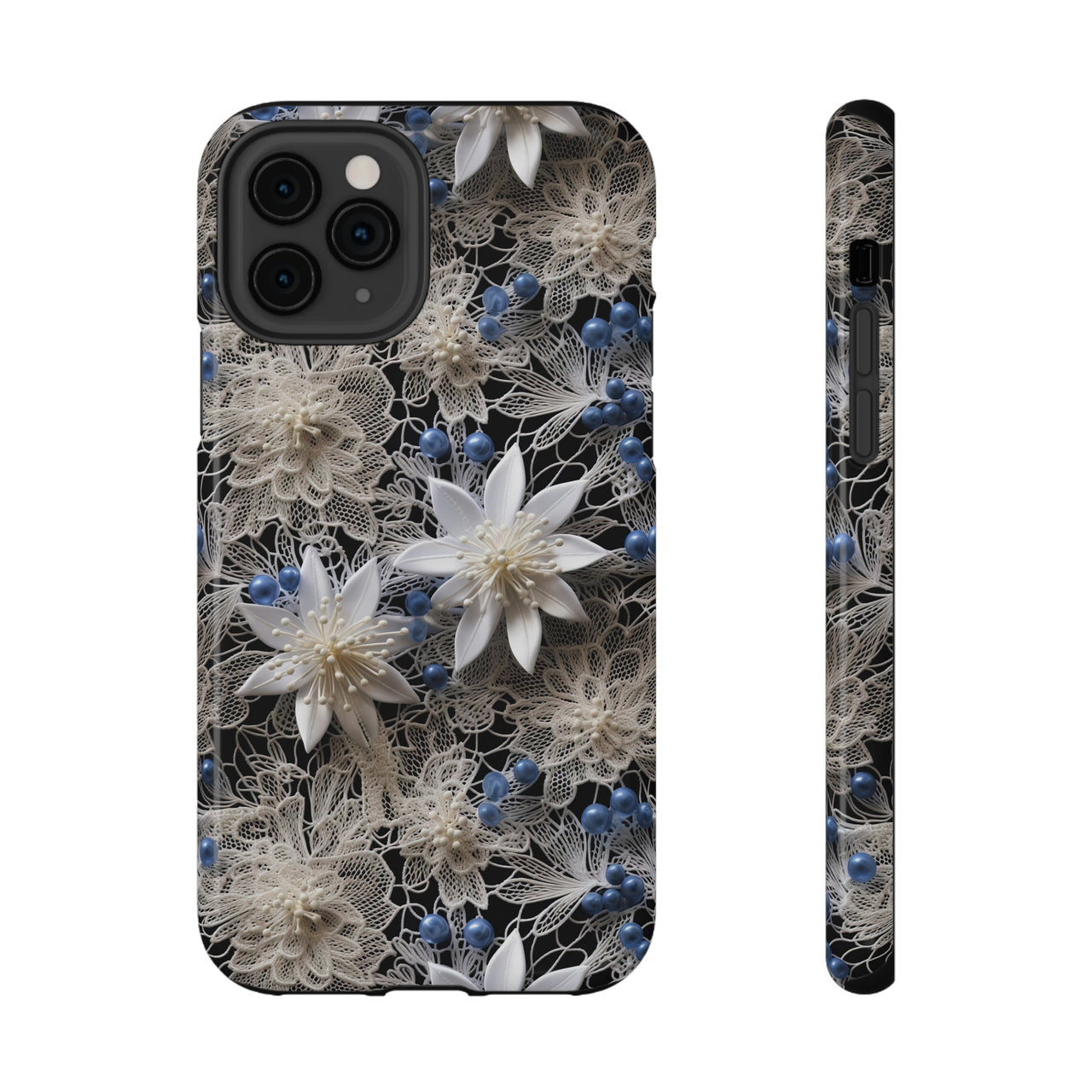 Vintage Lace and Clematis Impact-Resistant Cases for iPhone 11, iPhone 11 Pro, and iPhone 11 Pro Max. Supports Wireless Charging.