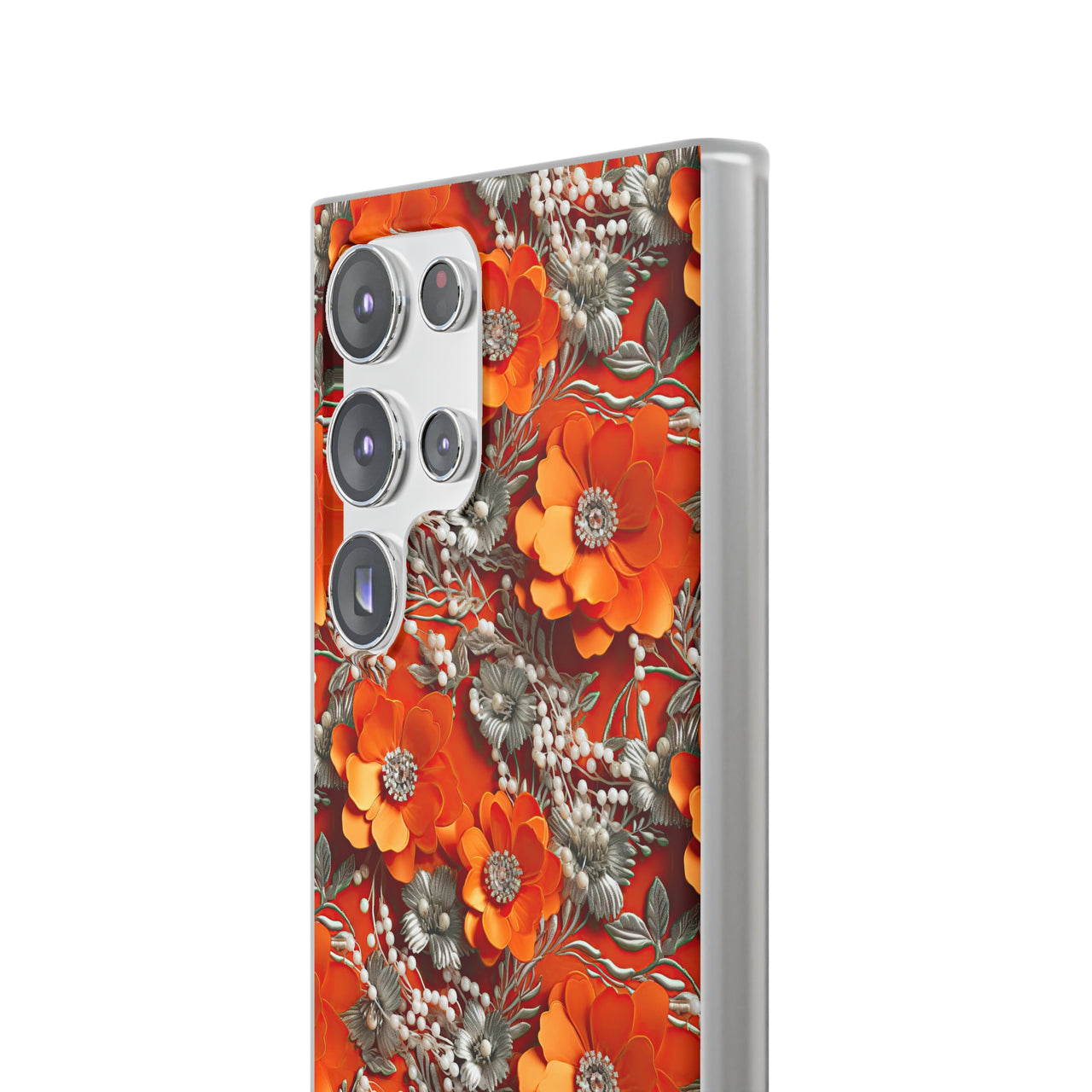 Orange Petals in Silver Tapestry - Flexi Cases for Samsung Galaxy S23, Samsung Galaxy S23 Plus, and Samsung Galaxy S23 Ultra