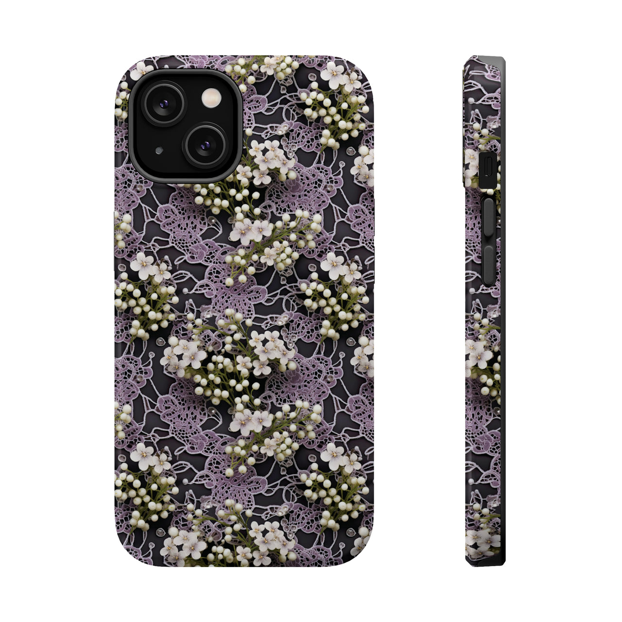 White Flowers on a Purple Bed - MagSafe Tough Cases for iPhone 14, iPhone 14 Pro, iPhone 14 Plus, and iPhone 14 Pro Max