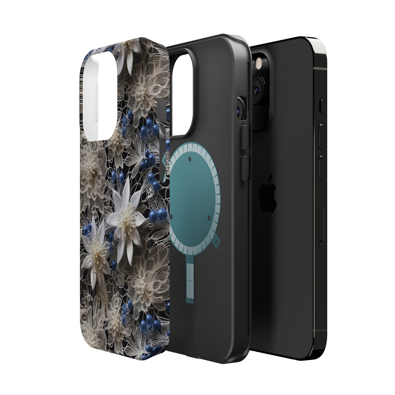 Vintage Lace and Clematis MagSafe Tough Cases for iPhone 13, iPhone 13 Mini, iPhone 13 Pro, and iPhone 13 Pro Max.