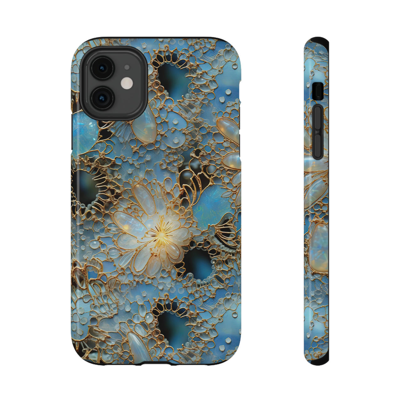 Gemstones and Gold Lace Impact-Resistant Cases for iPhone 11, iPhone 11 Pro, and iPhone 11 Pro Max. Supports Wireless Charging.