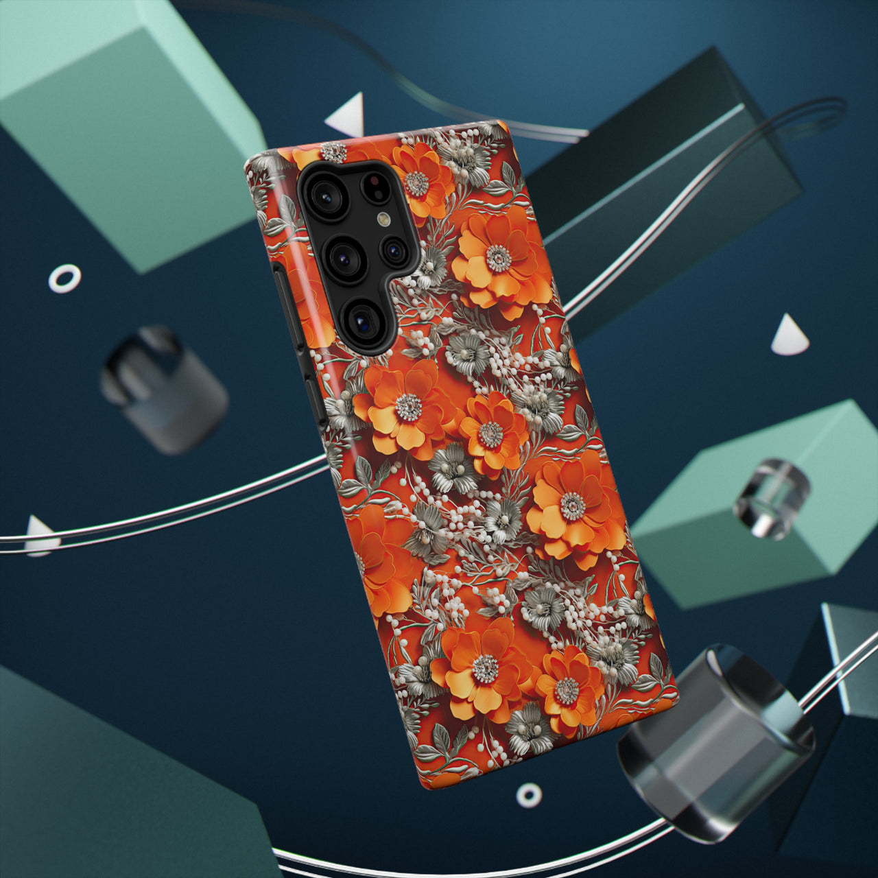 Orange Petals in Silver Tapestry Impact-Resistant Case for Samsung Galaxy S22, Samsung Galaxy S22 Plus, and Samsung Galaxy S22 Ultra. Supports Wireless Charging.