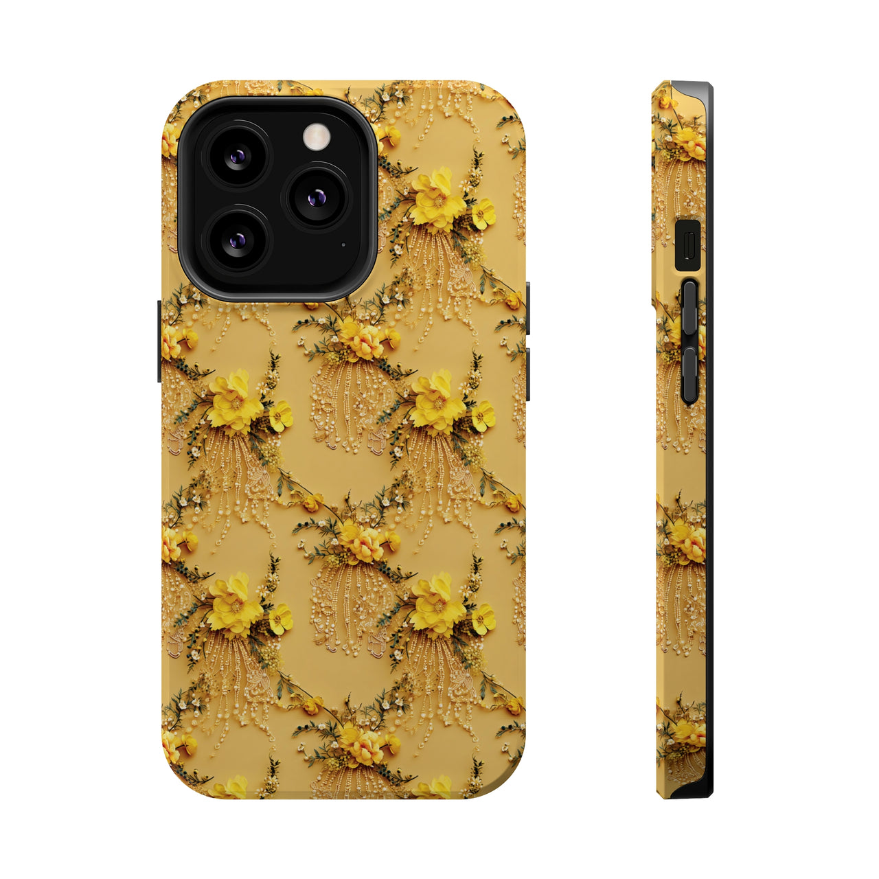 Floral Sunshine MagSafe Tough Cases for iPhone 13, iPhone 13 Mini, iPhone 13 Pro, and iPhone 13 Pro Max.