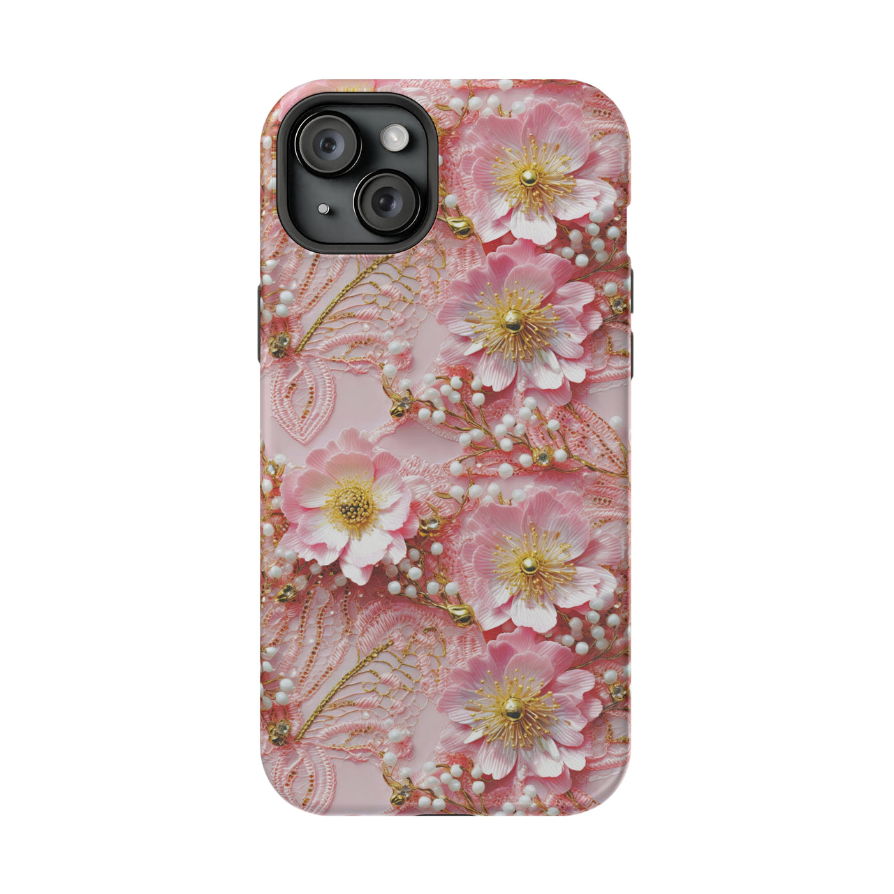 Gold-Kissed Flowers on Pink Lace - MagSafe Tough Case for iPhone 15, iPhone 15 Pro, iPhone 15 Plus, & iPhone 15 Pro Max