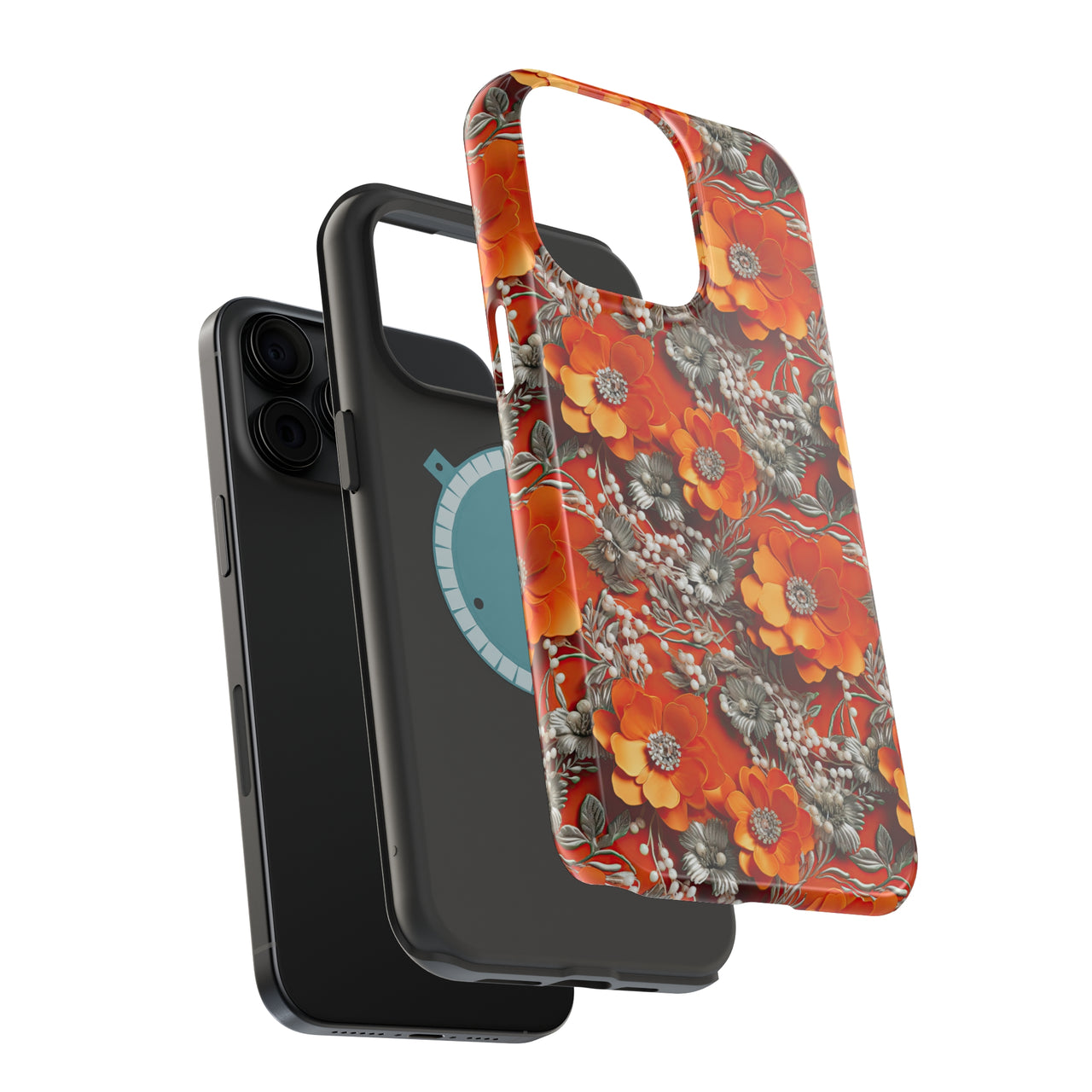 Orange Petals in Silver Tapestry - MagSafe Tough Case for iPhone 15, iPhone 15 Pro, iPhone 15 Plus, & iPhone 15 Pro Max