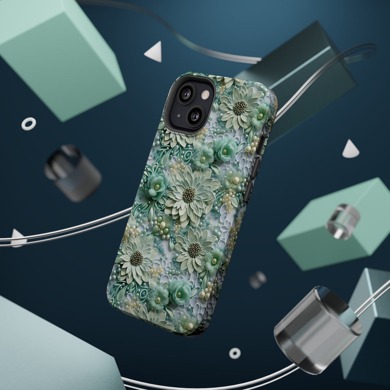 Teal Petals - MagSafe Tough Cases for iPhone 13, iPhone 13 Mini, iPhone 13 Pro, and iPhone 13 Pro Max.