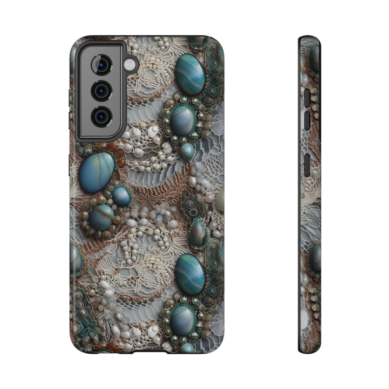 Boho Agate and Lace Impact-Resistant Cases for Samsung Galaxy S21, Samsung Galaxy S21 Plus, and Samsung Galaxy S21 Ultra. Supports Wireless Charging.