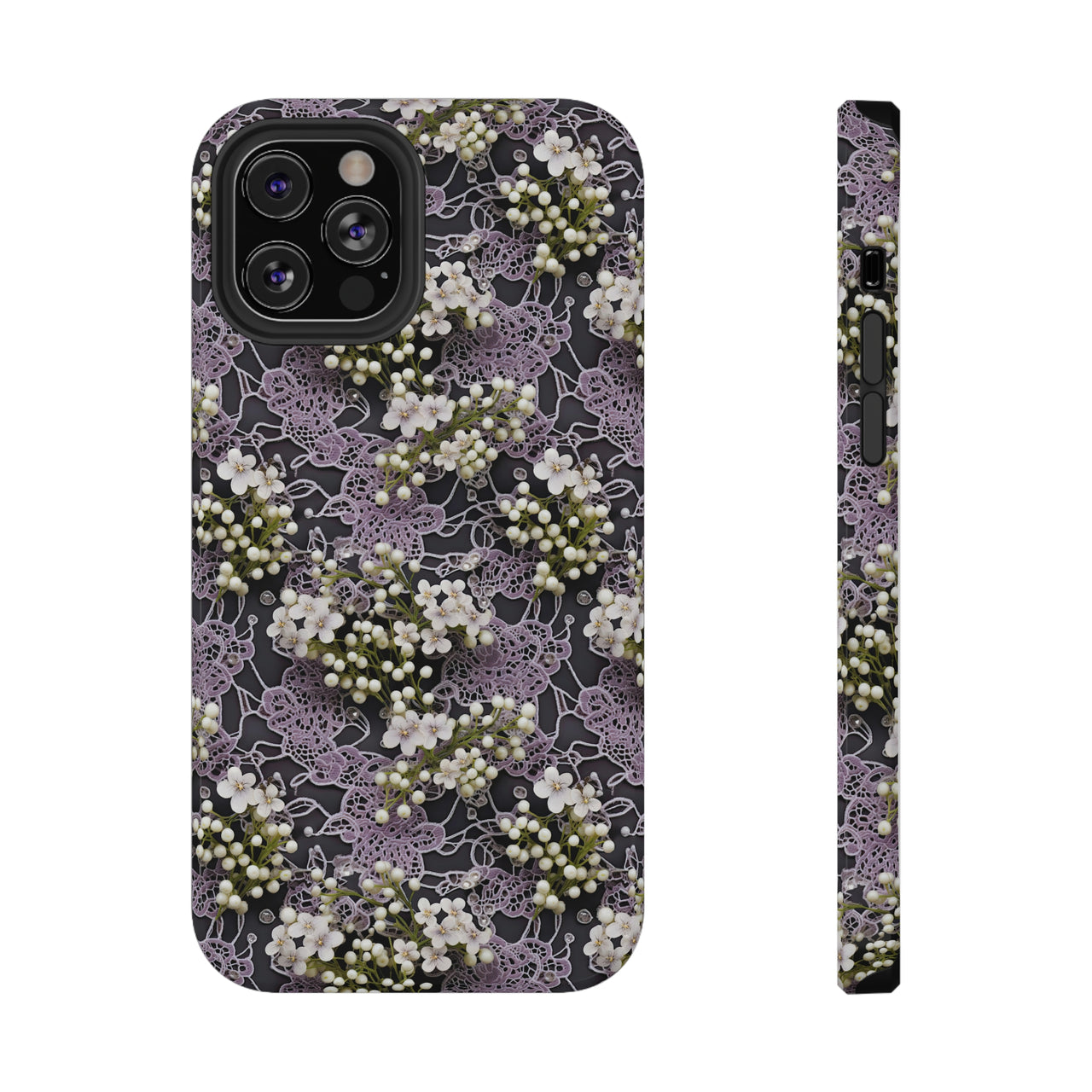 White Flowers on a Purple Bed - Impact-Resistant Case for iPhone 12, iPhone 12 Mini, iPhone 12 Pro, and iPhone 12 Pro Max. Supports Wireless Charging.