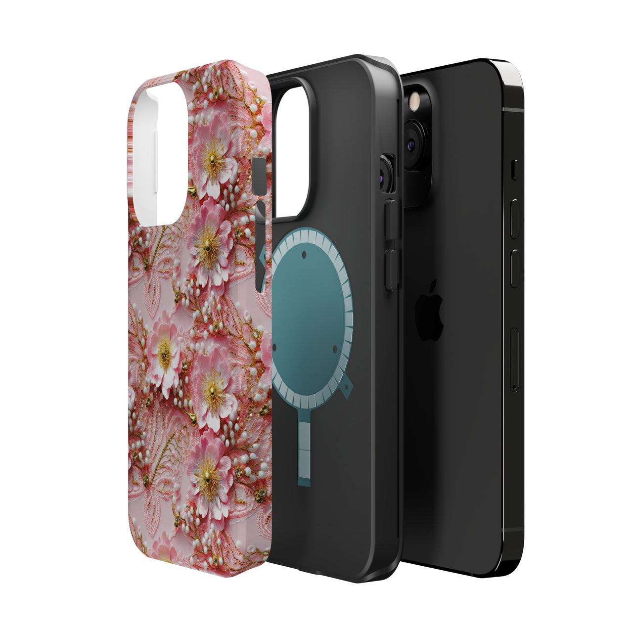 Gold-Kissed Flowers on Pink Lace - MagSafe Tough Cases for iPhone 13, iPhone 13 Mini, iPhone 13 Pro, and iPhone 13 Pro Max.