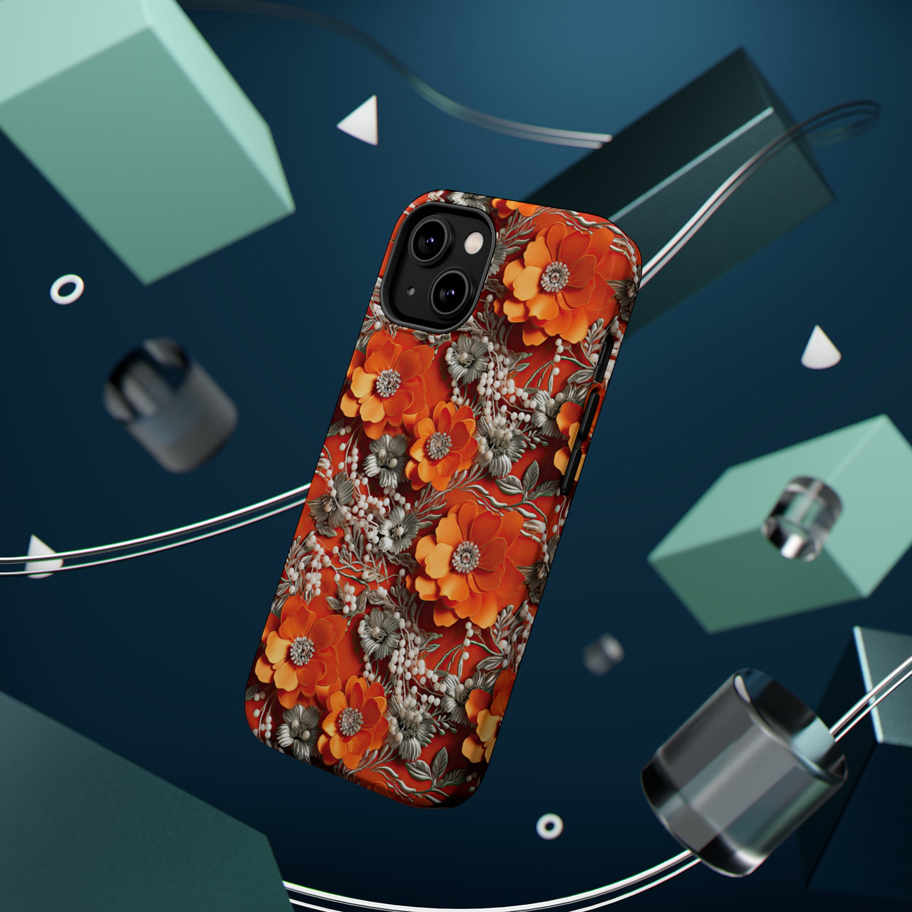 Orange Petals in Silver Tapestry MagSafe Tough Cases for iPhone 14, iPhone 14 Pro, iPhone 14 Plus, and iPhone 14 Pro Max