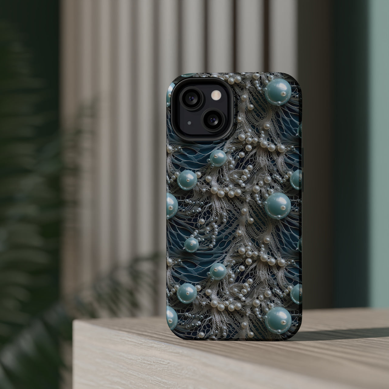 Sea Foam Lace and Pearls MagSafe Tough Cases for iPhone 13, iPhone 13 Mini, iPhone 13 Pro, and iPhone 13 Pro Max.