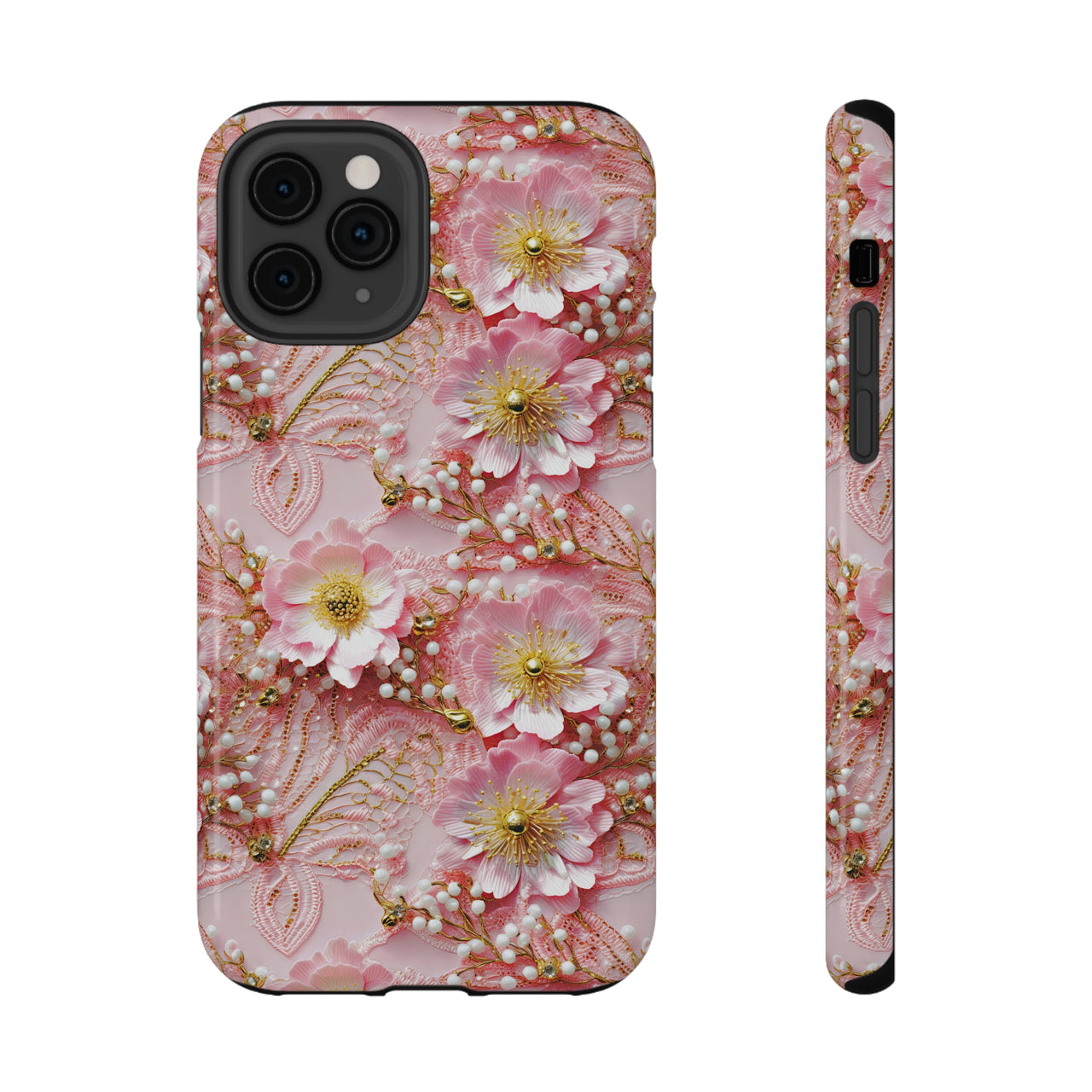 Gold-Kissed Flowers on Pink Lace -  Impact-Resistant Cases for iPhone 11, iPhone 11 Pro, and iPhone 11 Pro Max. Supports Wireless Charging.