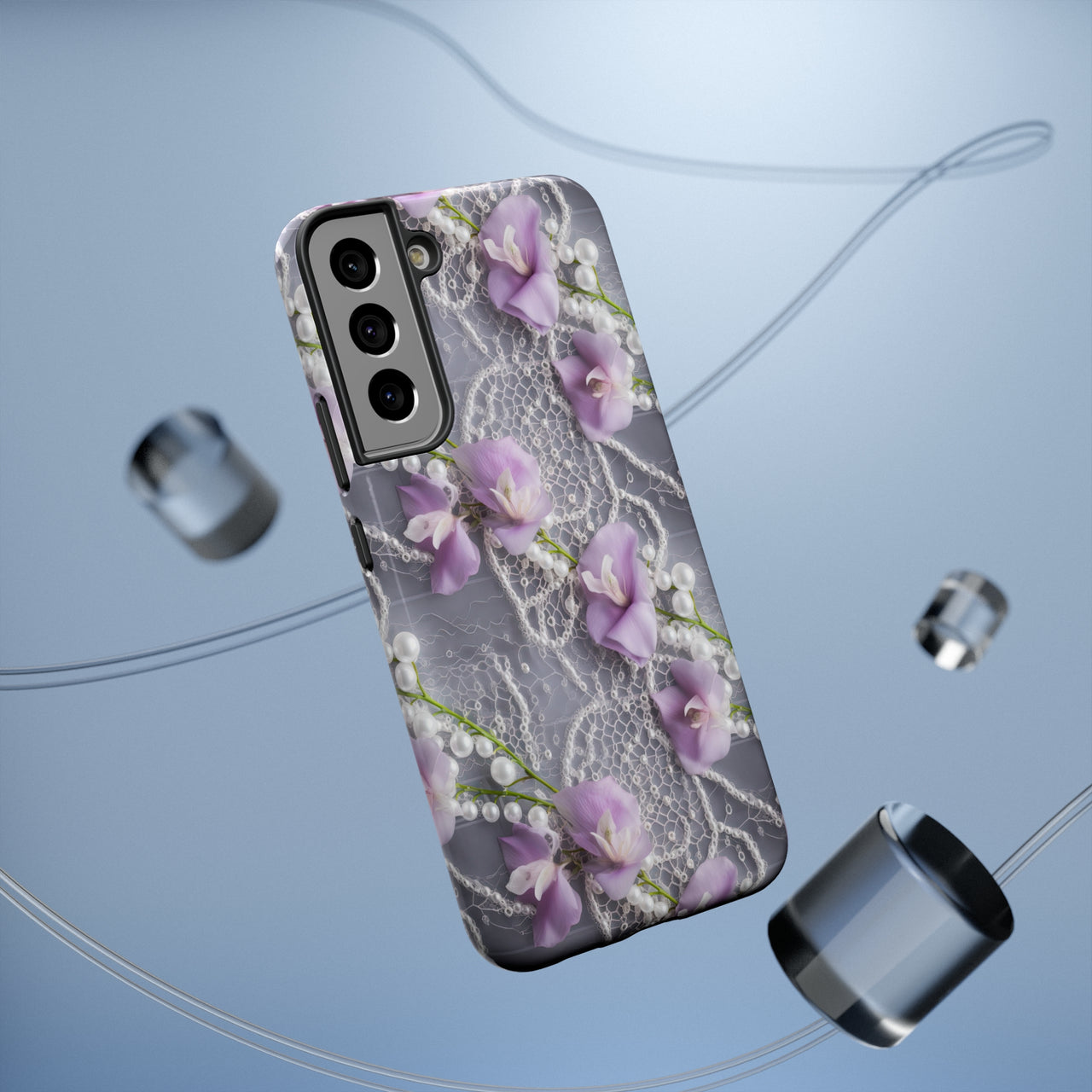 Purple Sweet Pea Impact-Resistant Cases for Samsung Galaxy S22, Samsung Galaxy S22 Plus, and Samsung Galaxy S22 Ultra. Supports Wireless Charging.