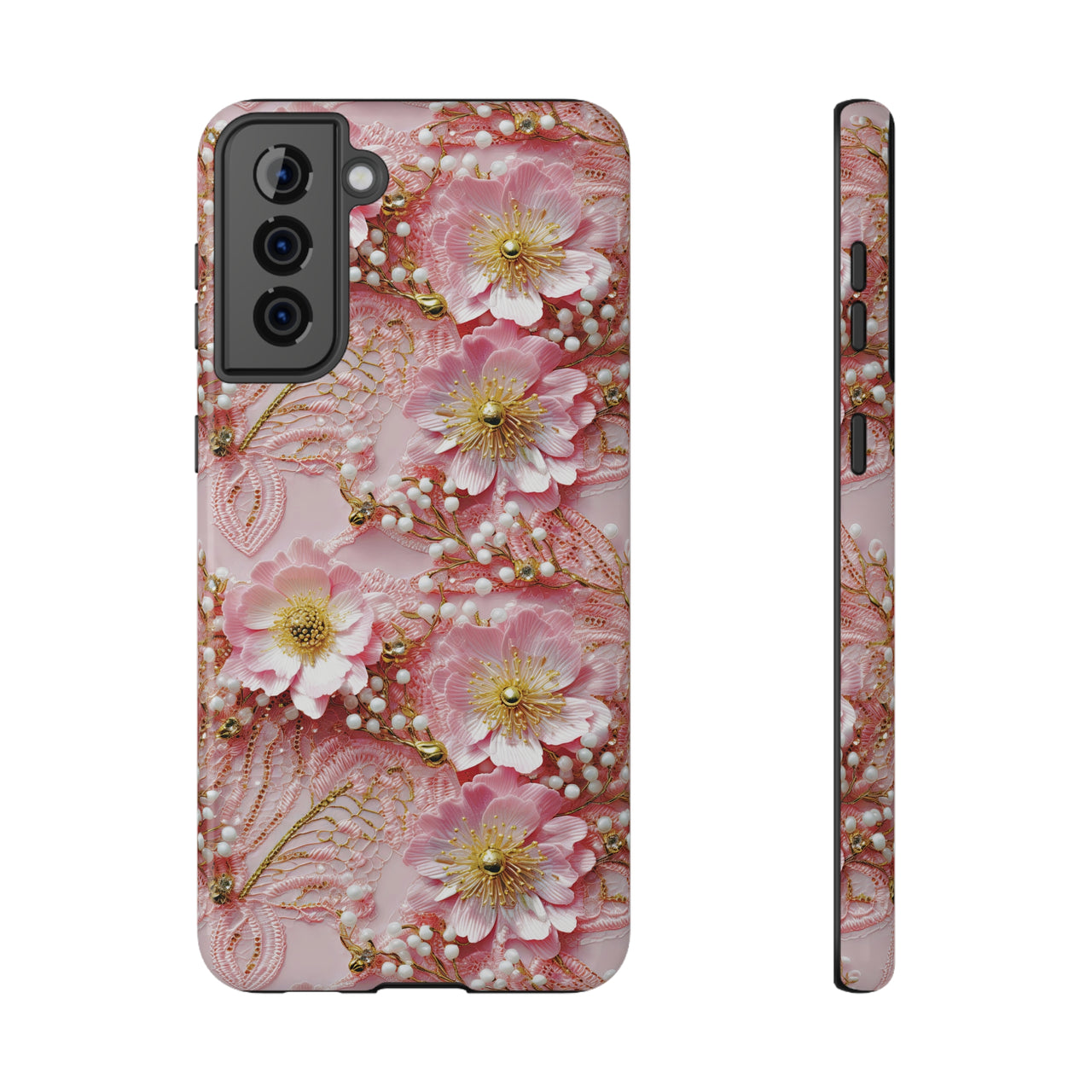 Gold-Kissed Flowers on Pink Lace - Impact-Resistant Case for Samsung Galaxy S21, Samsung Galaxy S21 Plus, and Samsung Galaxy S21 Ultra. Supports Wireless Charging.