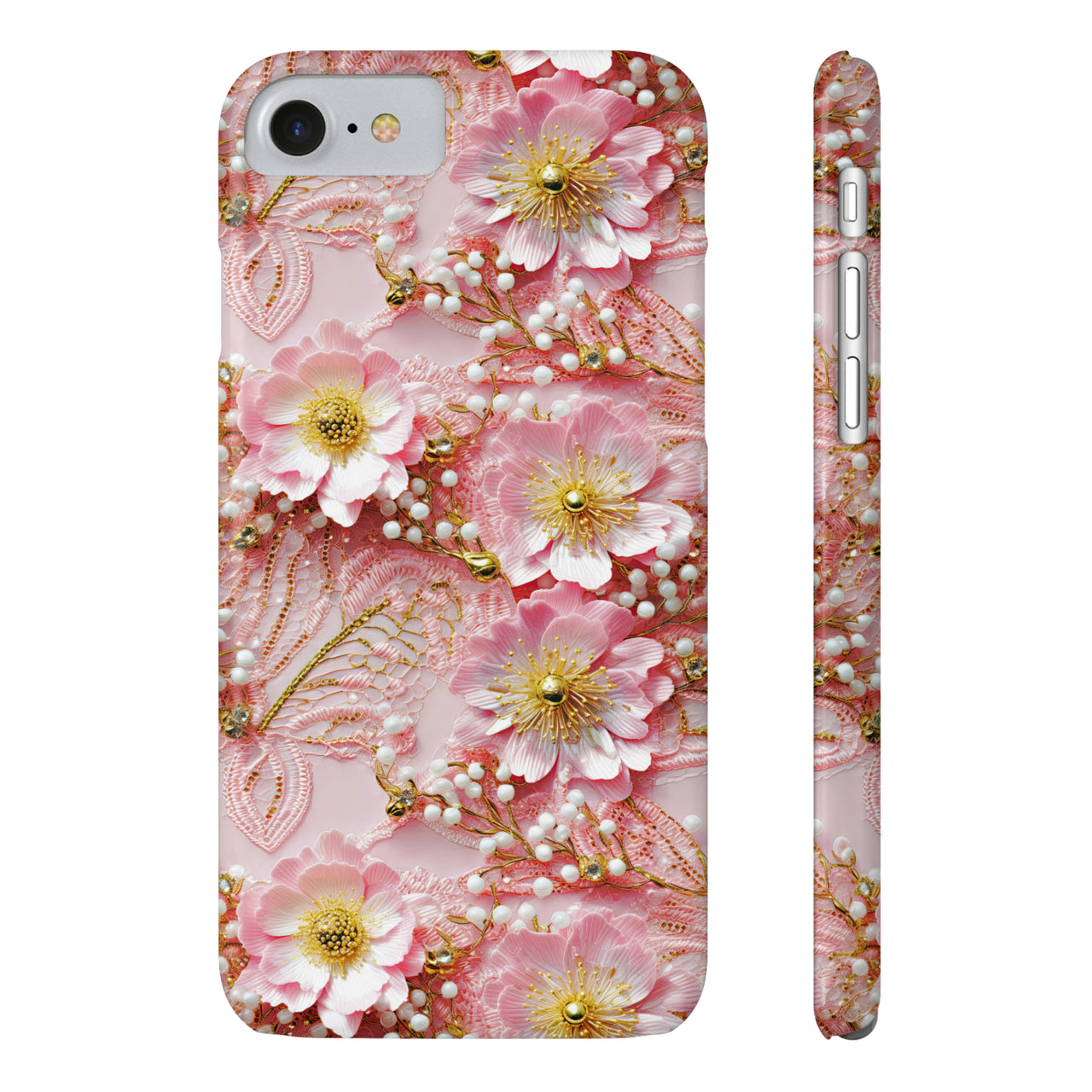 Gold-Kissed Flowers on Pink Lace - Slim Phone Cases for iPhone 8 and iPhone 8 Plus (Also fits iPhone 7 and 7 Plus)