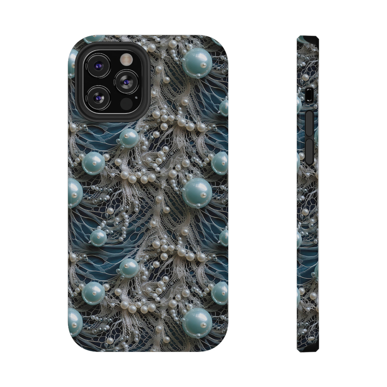 Sea Foam Lace and Pearls Impact-Resistant Case for iPhone 12, iPhone 12 Mini, iPhone 12 Pro, and iPhone 12 Pro Max. Supports Wireless Charging.