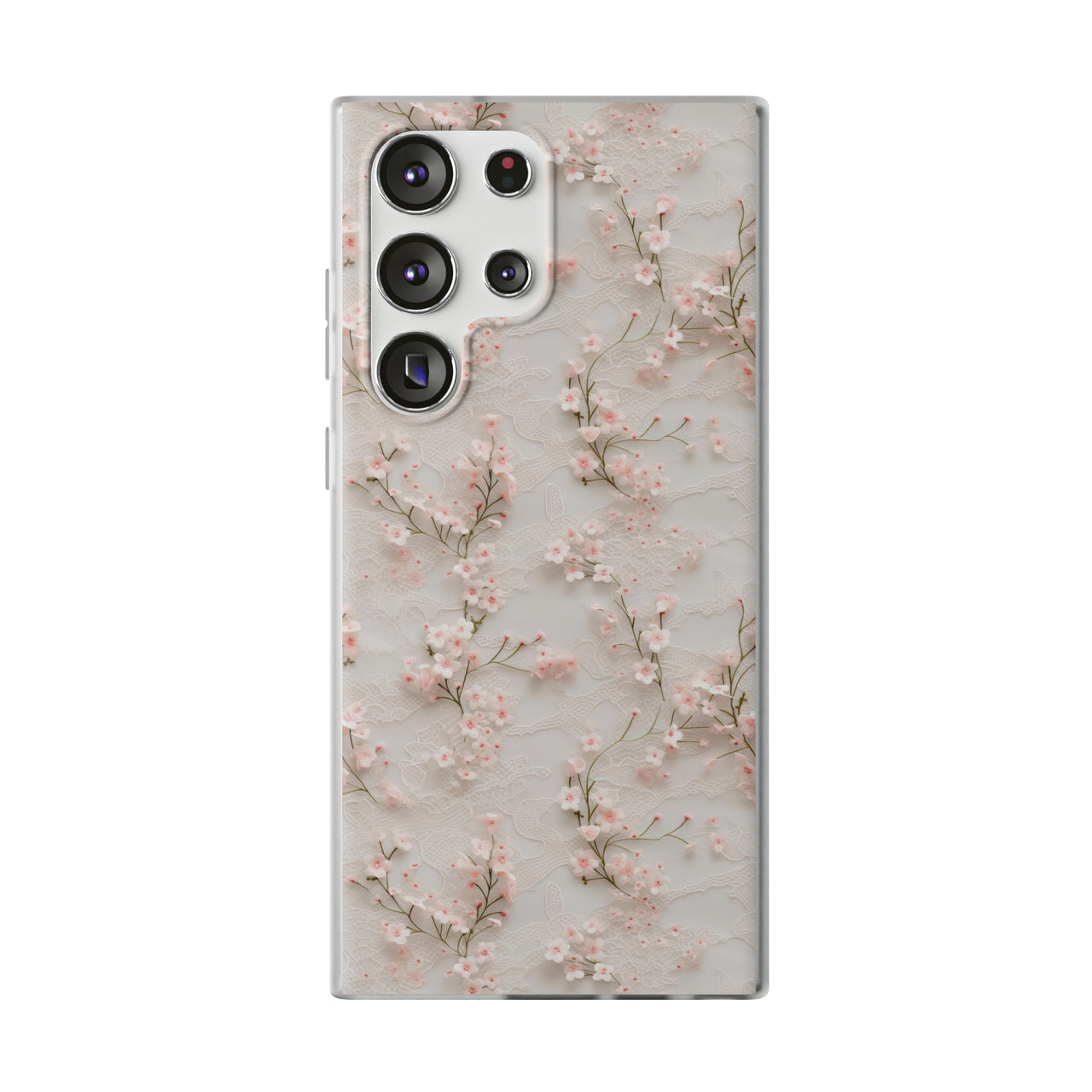 White Lace and Cherry Blossoms - Flexi Cases for Samsung Galaxy S23, Samsung Galaxy S23 Plus, and Samsung Galaxy S23 Ultra