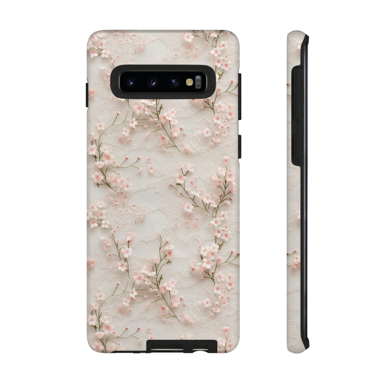 White Lace and Cherry Blossoms Tough Cases for Samsung Galaxy S10, Samsung Galaxy S10E, and Samsung Galaxy S10 Plus