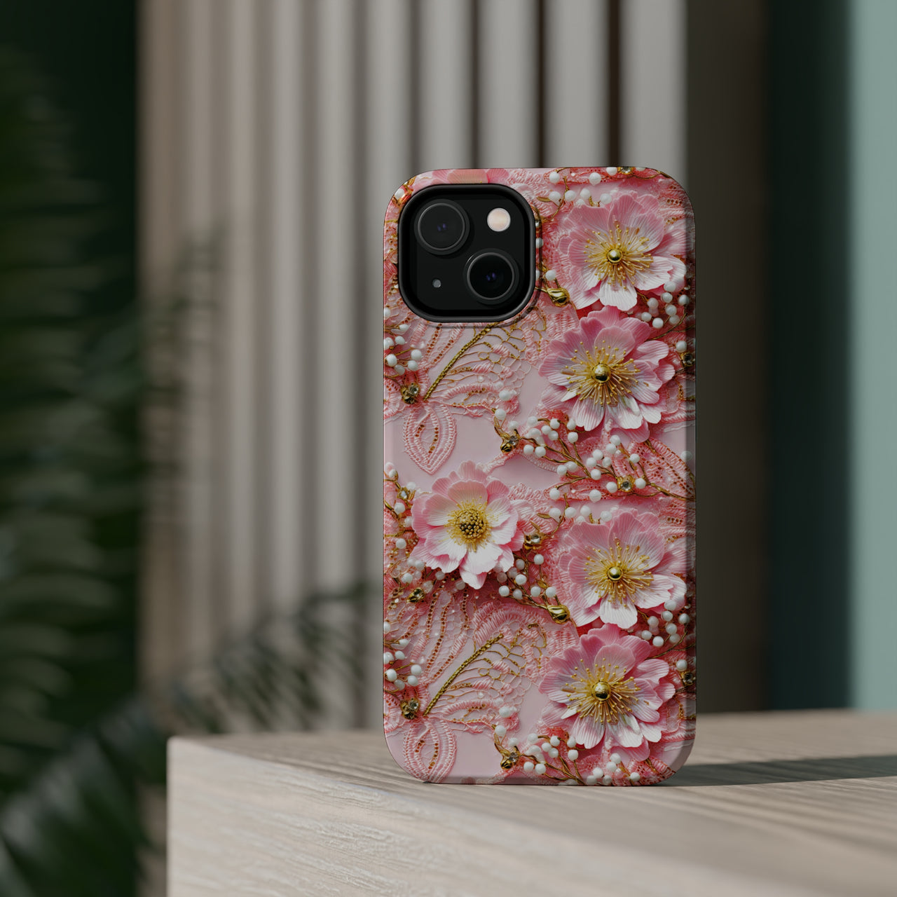 Gold-Kissed Flowers on Pink Lace - MagSafe Tough Case for iPhone 14, iPhone 14 Pro, iPhone 14 Plus, and iPhone 14 Pro Max